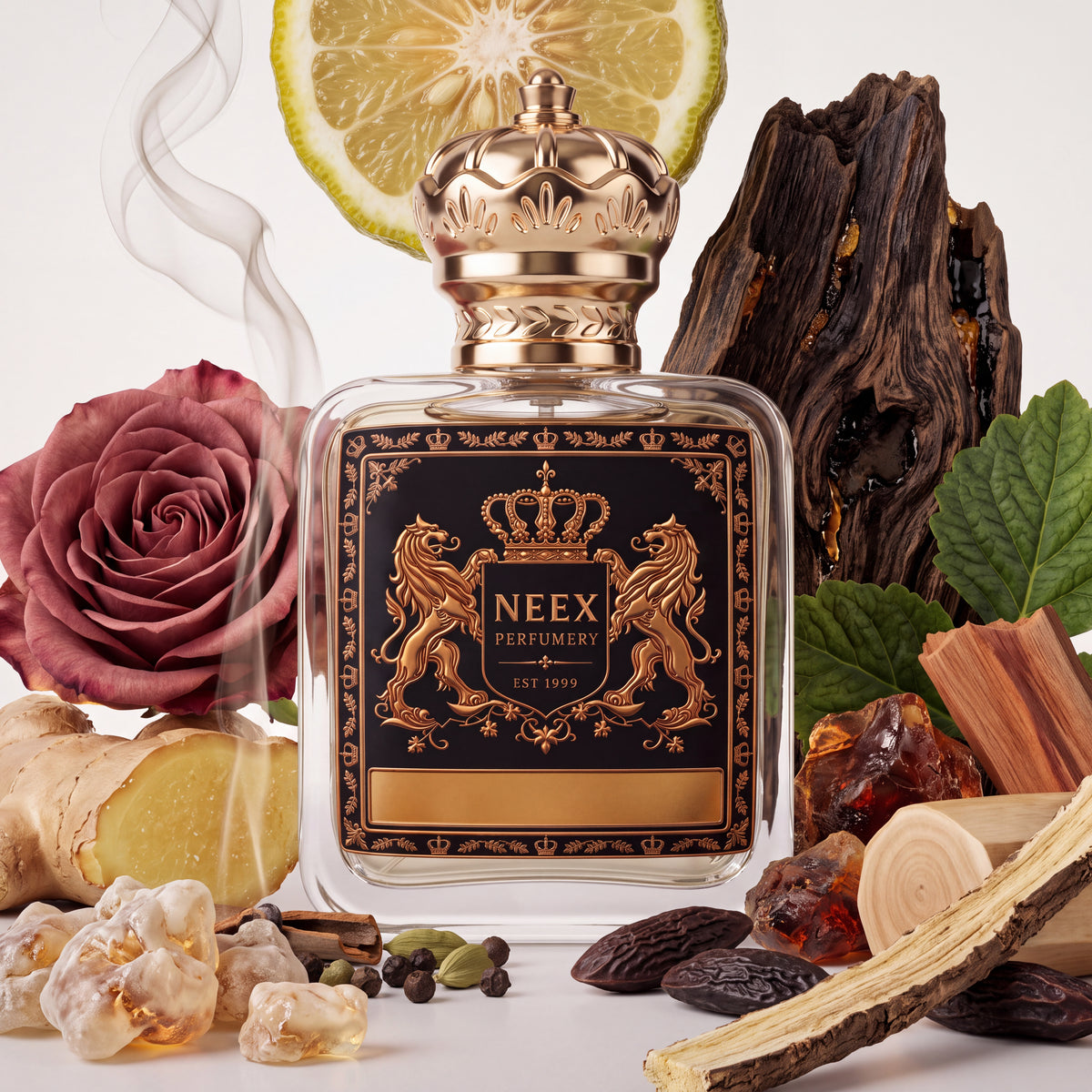 Neex Perfumery fragrance bottle with a black and gold crest label, styled in an ingredient flat-lay surrounded by a dusty pink rose, a slice of fresh lemon, ginger root, frankincense resin, cardamom pods, black peppercorns, tonka beans, licorice root, amber chunks, dark agarwood, and thin wisps of smoke.
