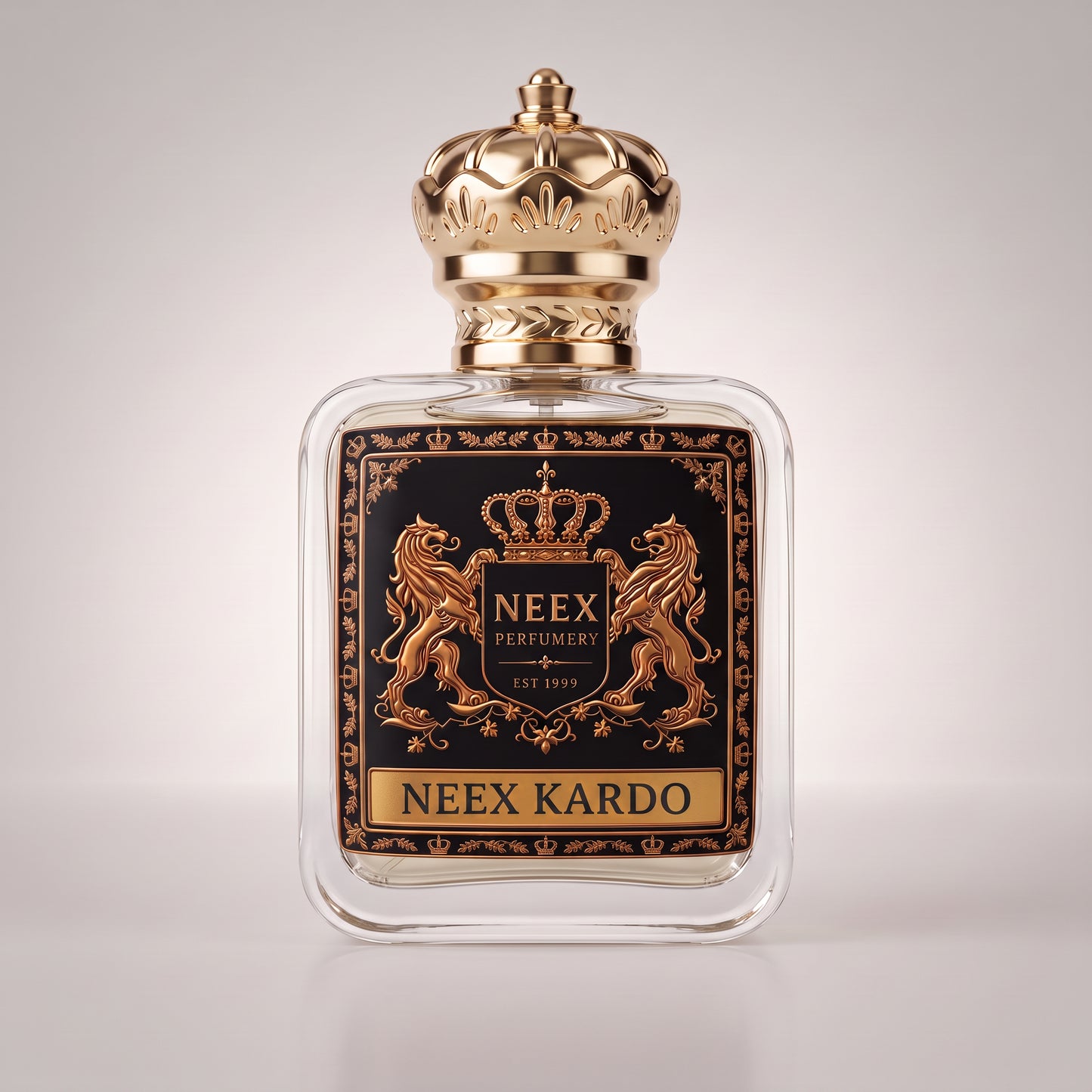 A square glass perfume bottle with a clear cap and a black label featuring gold lion and crown motifs, labeled NEEX KARDO and NEEX PERFUMERY, on a light gray background.