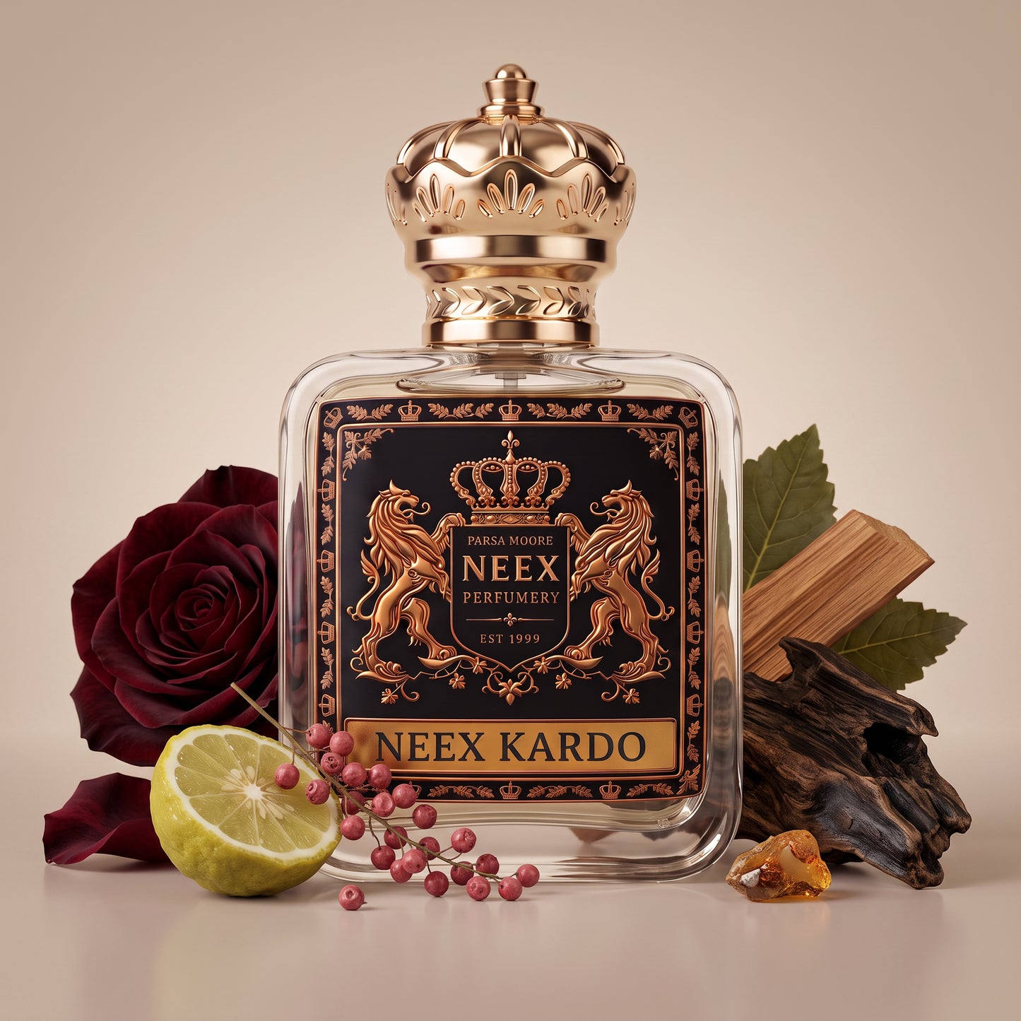 A luxury perfume bottle from Neex Kardo by Neex Perfumery, featuring a clear glass body, a black label with gold lion and crown motifs, and an ornate gold cap. The bottle is styled with a dark red rose, a lime half, pink pepper, and wood pieces on a beige background.