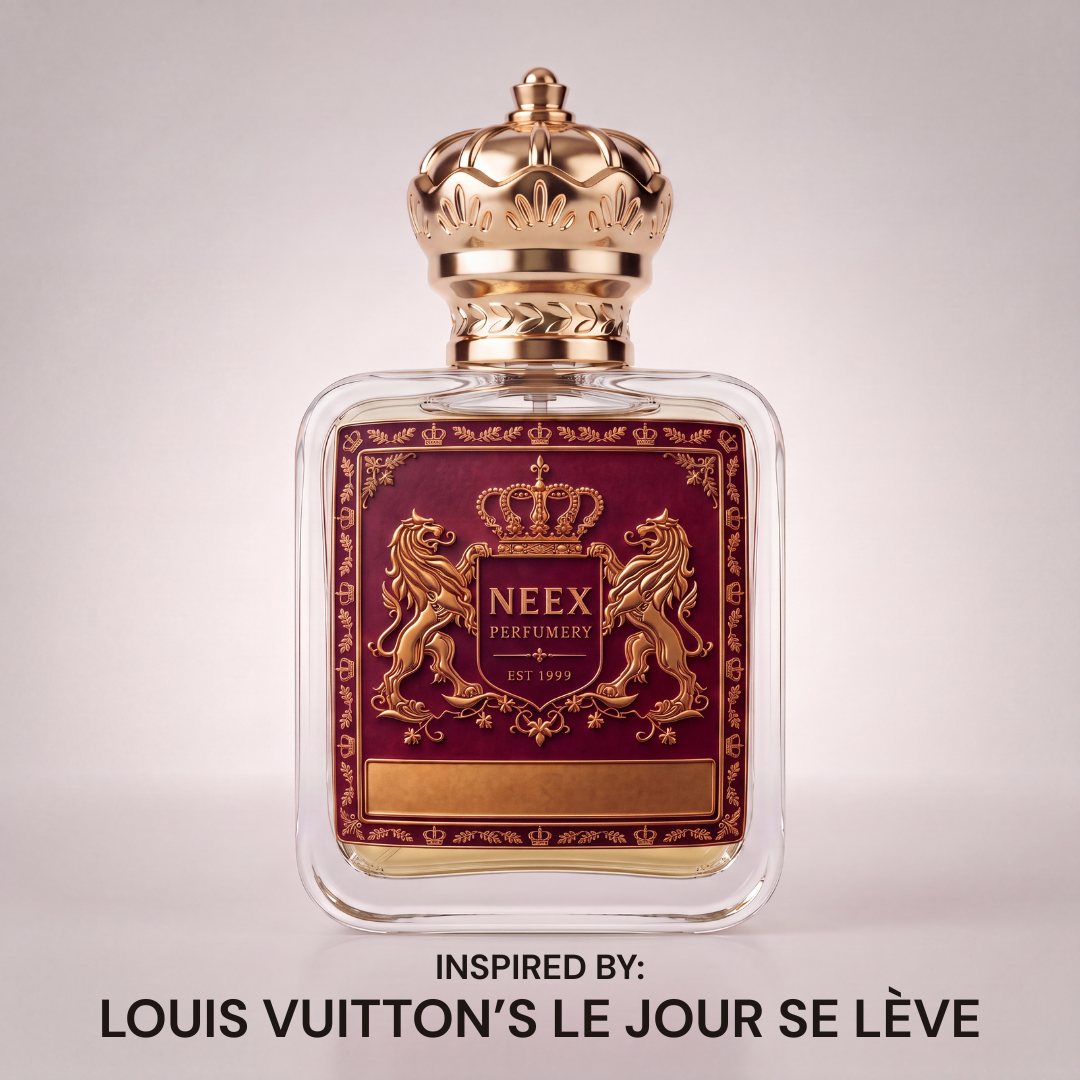 Neex Perfumery perfume bottle featuring a gold crown cap and deep maroon crest label, displayed against a clean, neutral studio background with text below indicating it is inspired by Louis Vuitton's Le Jour Se Lève.