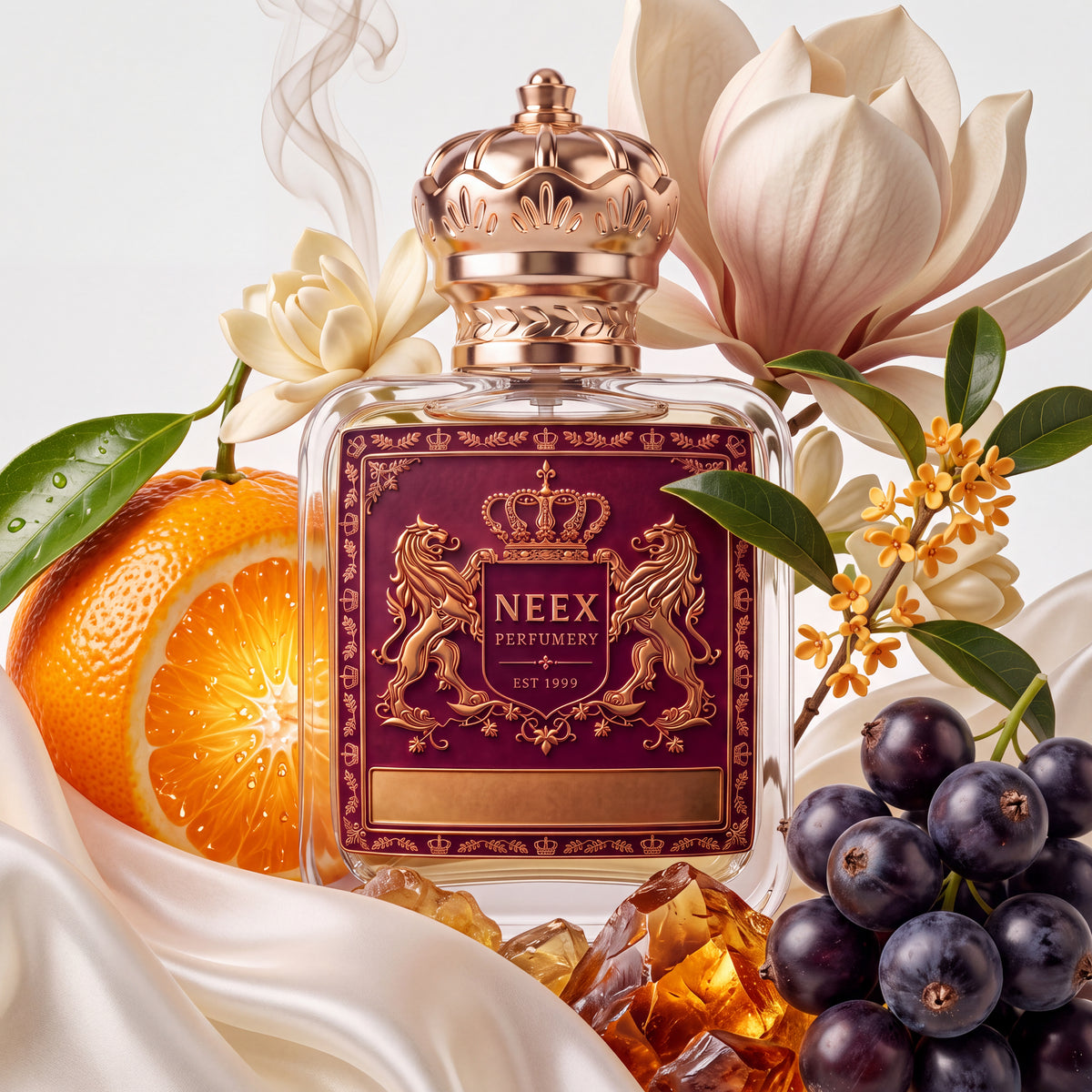 Neex Perfumery fragrance bottle styled in an ingredient flat-lay surrounded by a ripe sliced orange, large soft pink and cream magnolia blossoms, yellow osmanthus flowers, dark grapes, amber resin, and tendrils of smoke on draped white silk fabric.