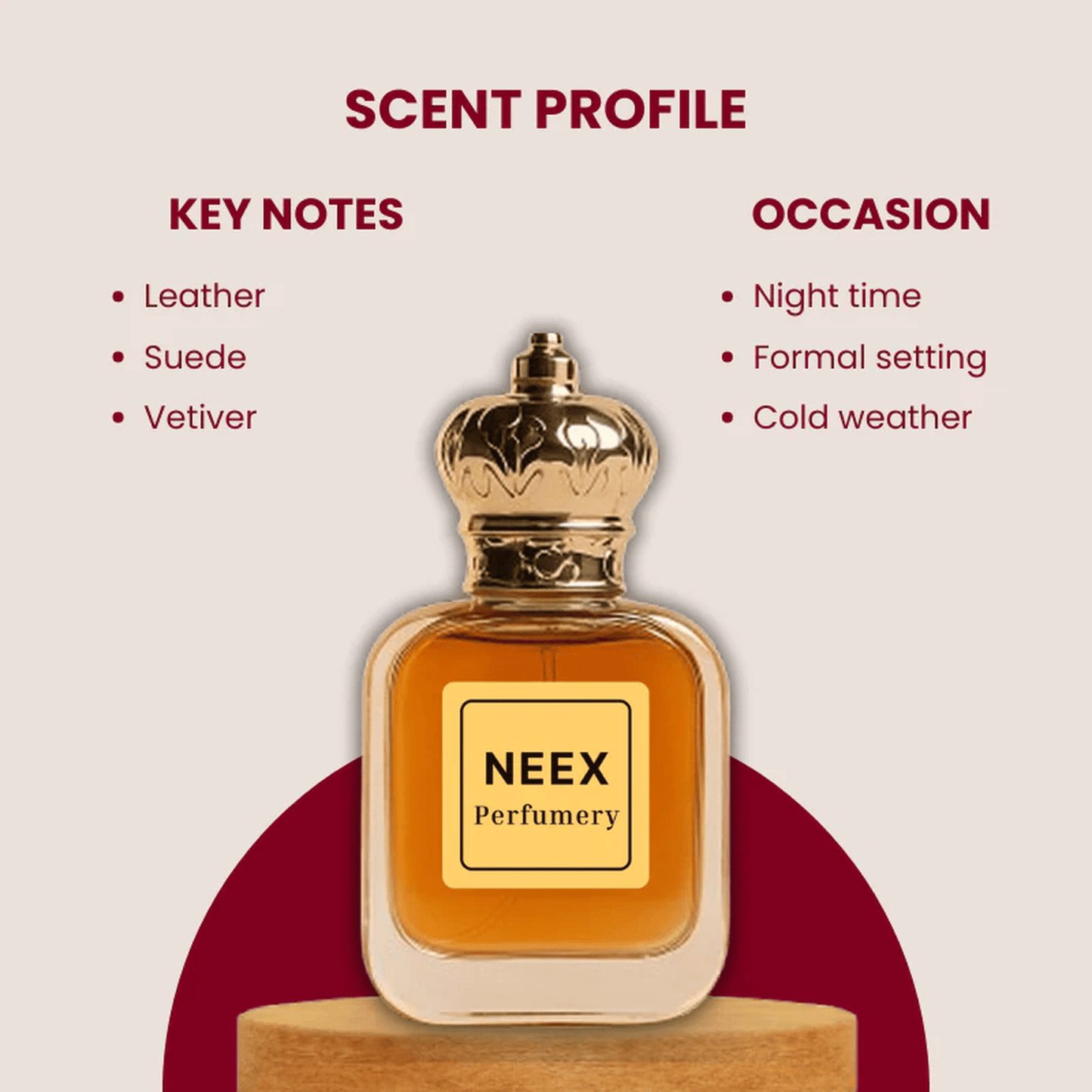 Luxury fragrance with leather, suede, vetiver – bold & sensual