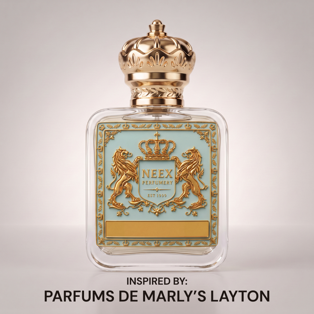 A luxury perfume bottle with a clear glass body, a light blue label, and ornate gold detailing, topped with a gold crown cap. The label features a gold crest with two lions and the text 'NEEX PERFUMERY'.
