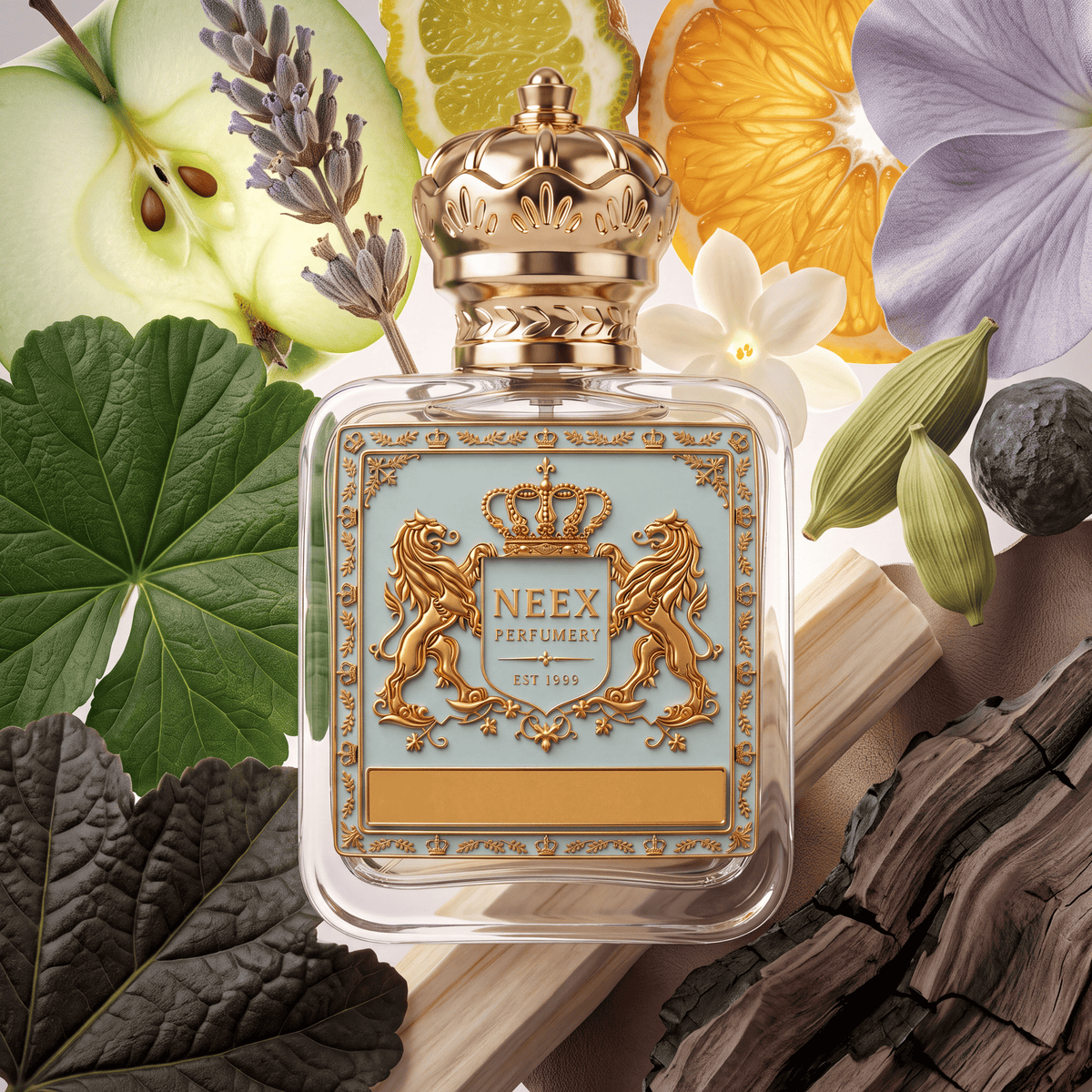 Neex Perfumery perfume bottle featuring an ornate gold crown cap and a light pastel blue crest label with gold metallic heraldry, surrounded by a green apple slice, a lemon wedge, a juicy orange slice, sprigs of lavender, green geranium leaves, delicate jasmine and violet petals, green cardamom pods, black pepper, blonde woods, and charred bark.