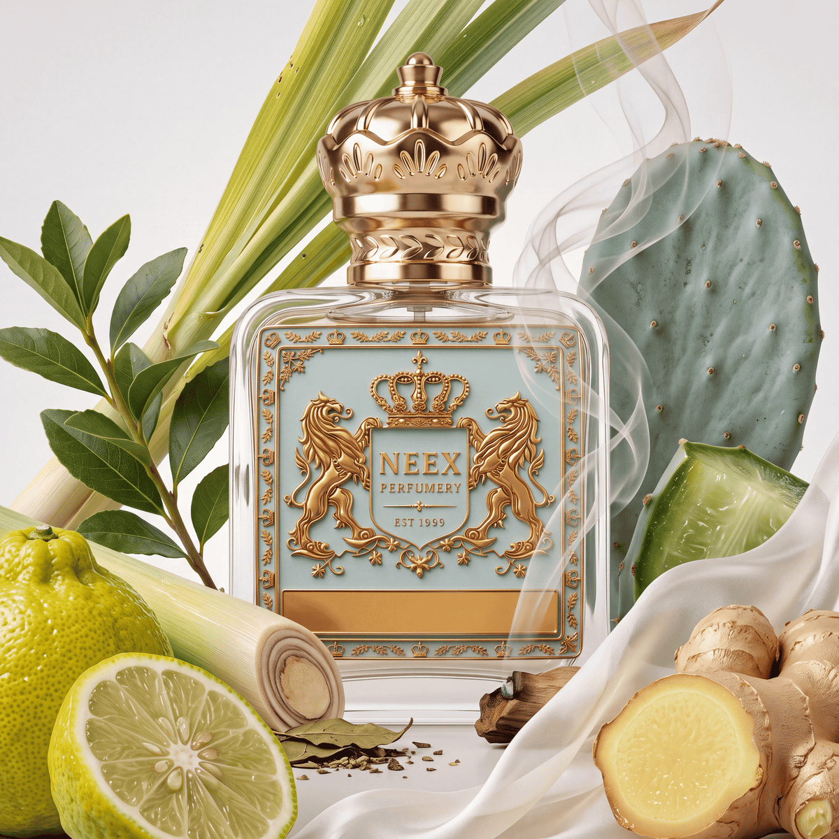 Neex Perfumery fragrance bottle styled in an ingredient flat-lay surrounded by a textured green citrus fruit, a cut lime, stalks of lemongrass, leafy green branches, a prickly pear cactus pad, fresh cut ginger root, dried herbs, and rising wisps of smoke on draped white silk fabric.