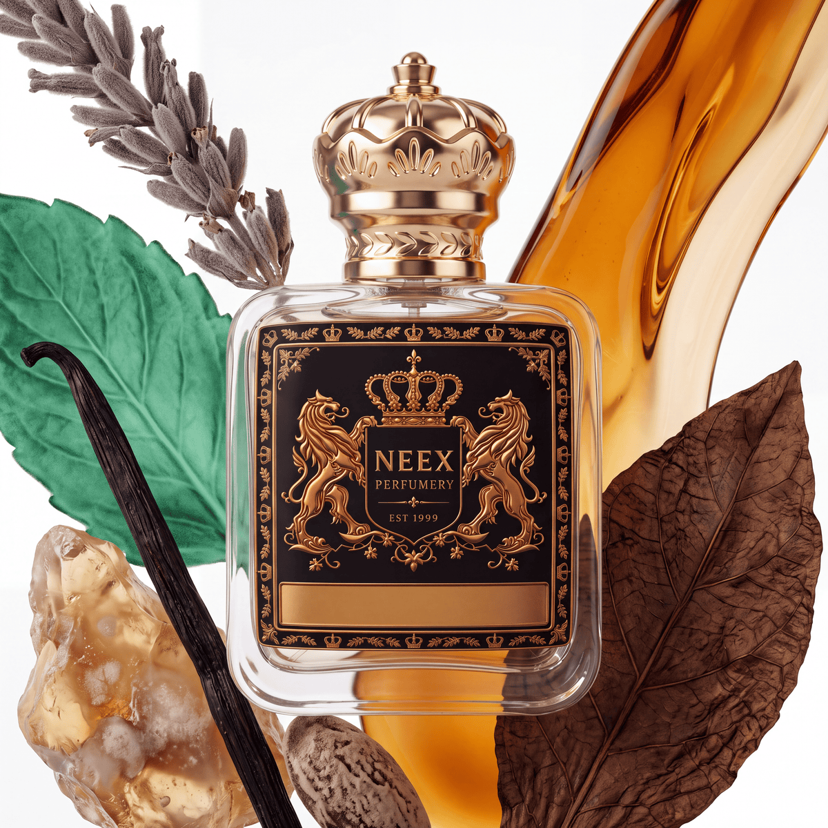 A clear glass perfume bottle with a gold crown cap and a black-and-gold NEEX Perfumery label, surrounded by botanical and natural props including a vanilla bean, dried leaves, a green leaf, amber liquid, and a crystal fragment on a white background.