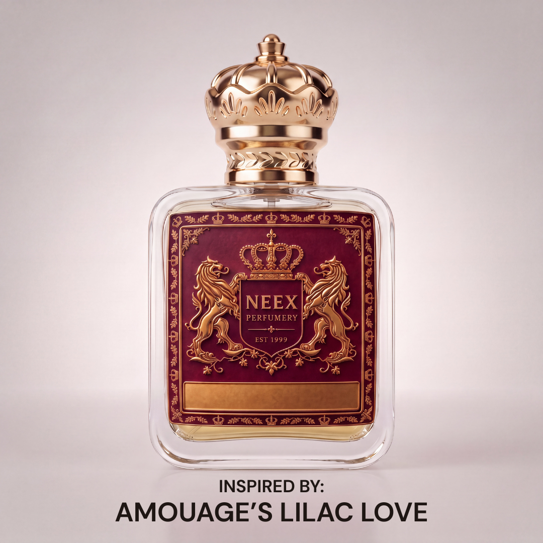Neex Perfumery Neex Lilac perfume bottle with gold crown cap, inspired by Amouage's Lilac Love fragrance.