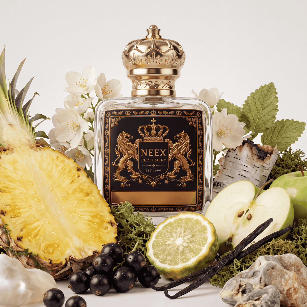 Neex Lord fragrance bottle presented in a detailed ingredient flat-lay featuring half a ripe pineapple, sliced green apples, bergamot, dark blackcurrants, white jasmine blossoms, birch bark, forest moss, vanilla beans, and natural amber stones.
