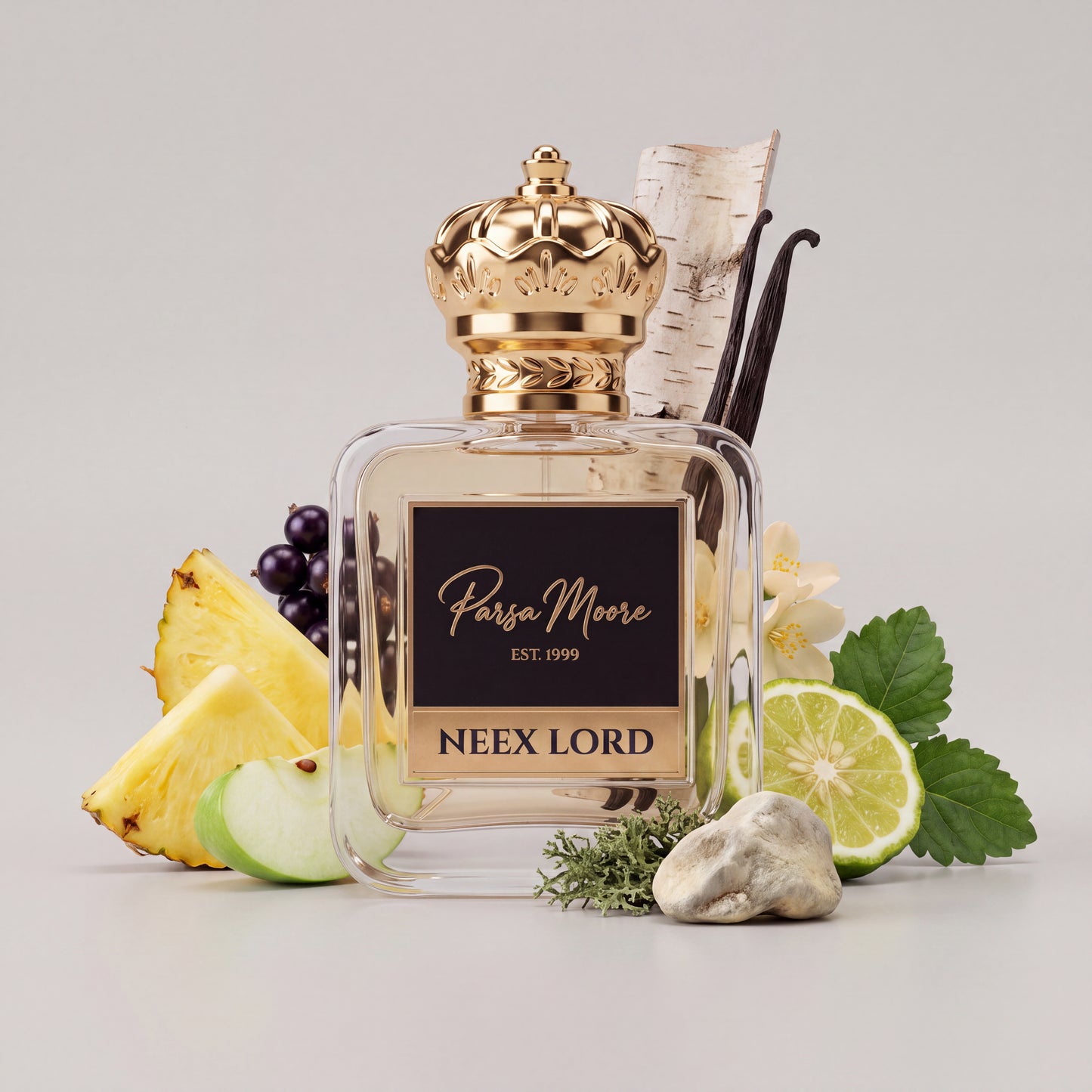 A clear glass perfume bottle with a gold crown cap and a black-and-gold label reading Parsa Moore and NEEX LORD, styled with pineapple, lime, grapes, vanilla bean, birch bark, flowers, and greenery on a light gray background.