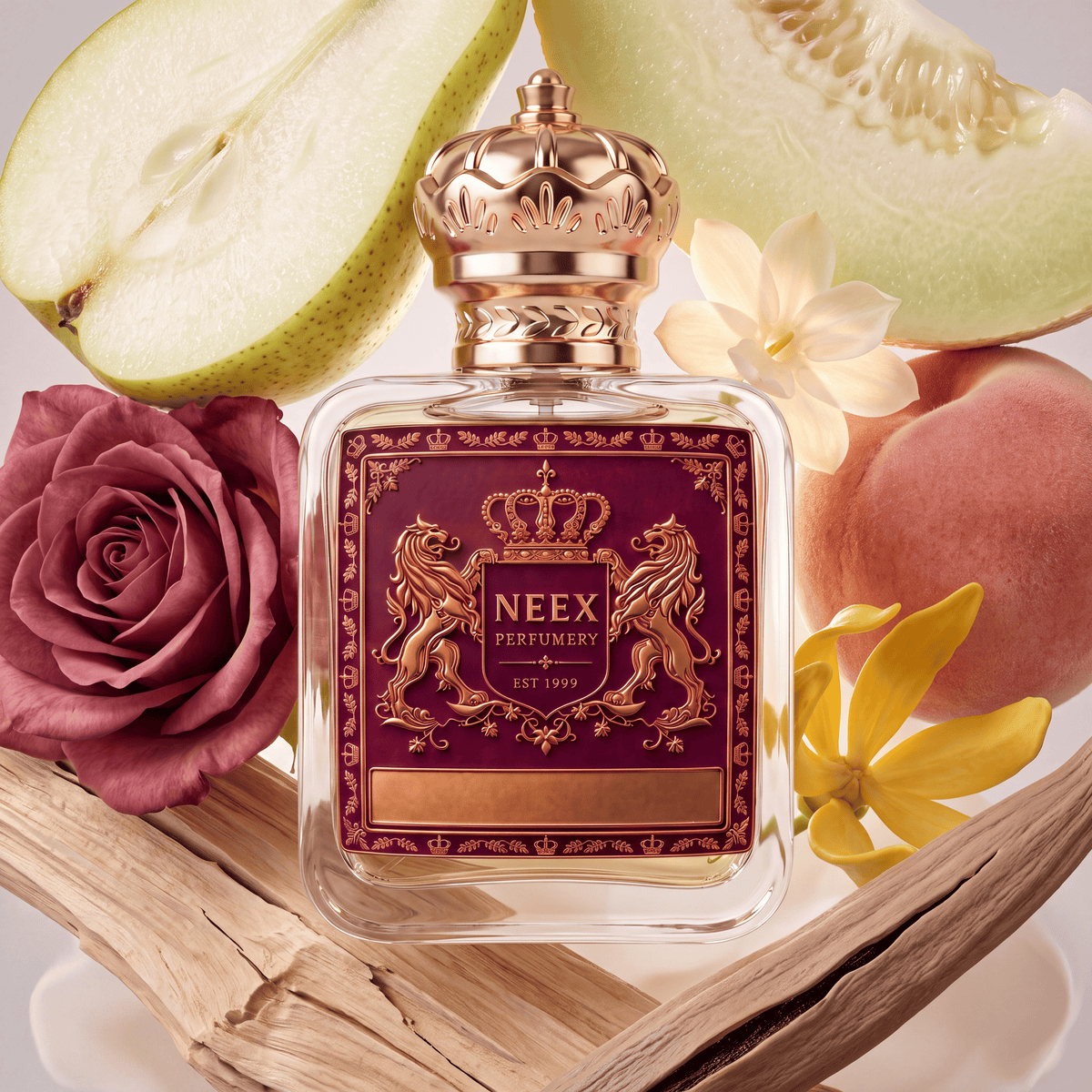 Neex Perfumery perfume bottle featuring an ornate gold crown cap and a rich deep magenta crest label with gold metallic detailing, surrounded by fresh fruity and floral elements including sliced green pear, honeydew melon, a whole fuzzy peach, a dusty pink rose blossom, delicate white and yellow floral petals, and pale driftwood branches.