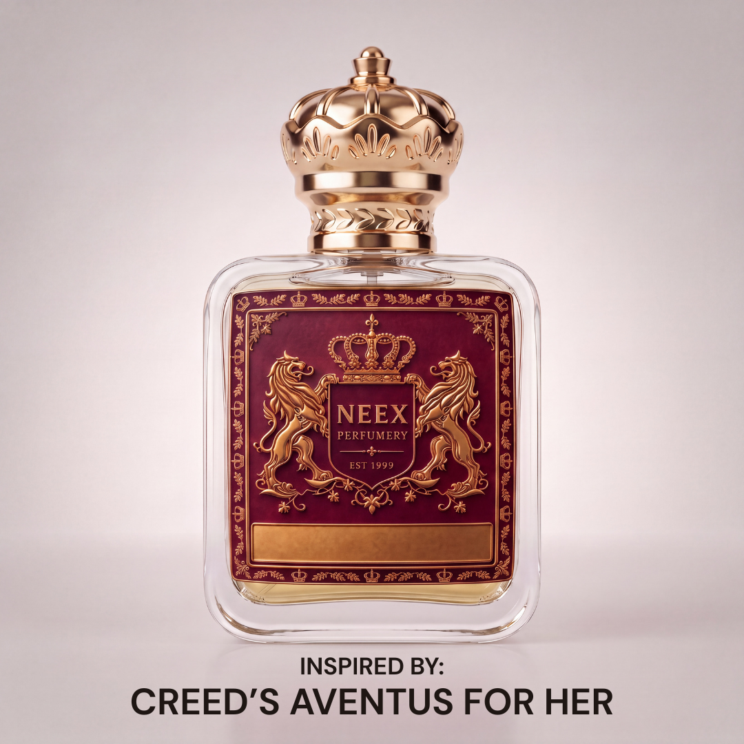 Neex Perfumery perfume bottle featuring a gold crown cap and deep maroon crest label, displayed against a clean, neutral studio background with text below indicating it is inspired by Creed's Aventus For Her.