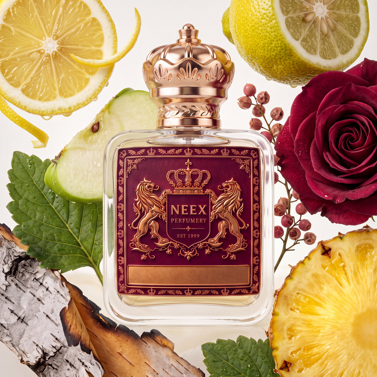 Neex Perfumery fragrance bottle with a maroon crest label, styled in an ingredient flat-lay surrounded by lemon slices, bergamot, green apple slices, pink peppercorns on the stem, a deep red rose, a pineapple slice, birch bark, and green leaves.