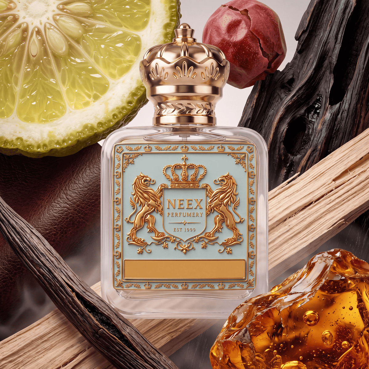 Neex Perfumery perfume bottle featuring an ornate gold crown cap and a light pastel blue crest label with gold metallic heraldry, compositionally styled alongside a fresh bergamot slice, a dried papery physalis husk, dark aged wood, light wood planks, dark vanilla bean pods, brown leather texture, and a glowing piece of golden amber resin.