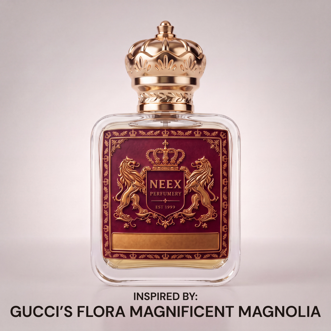 Neex Perfumery perfume bottle featuring an ornate gold crown cap and a rich burgundy crest label with gold metallic detailing, centered against a seamless studio background with text reading "INSPIRED BY: GUCCI'S FLORA MAGNIFICENT MAGNOLIA".