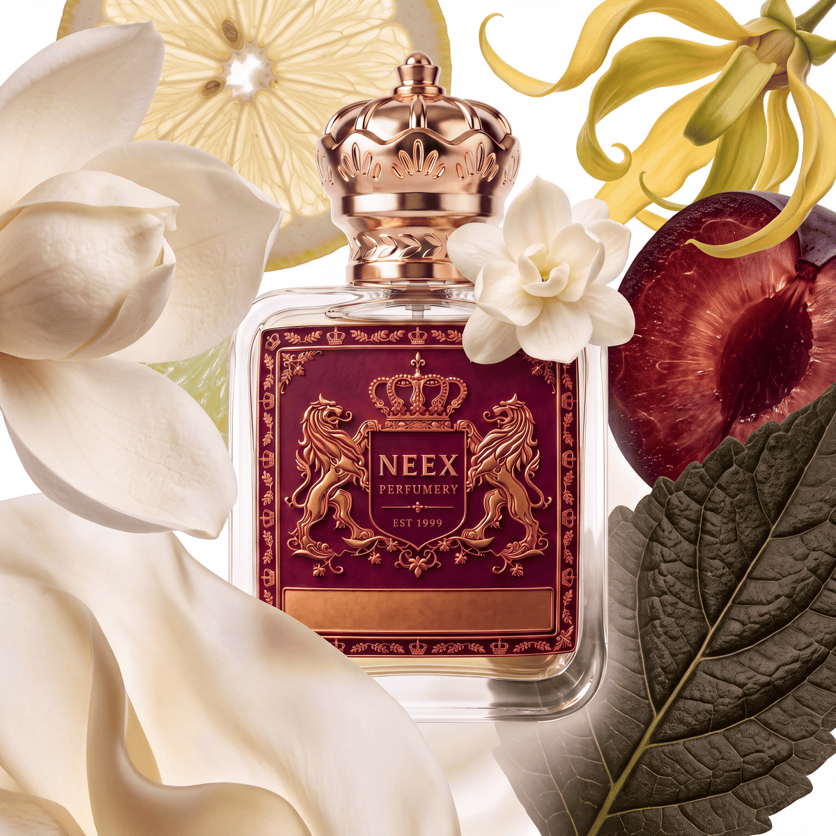 Neex Perfumery perfume bottle topped with a gold crown cap and featuring a deep burgundy-red crest label with gold heraldry, surrounded by large white magnolia petals, a sliced lemon wheel, yellow ylang-ylang blooms, a small white jasmine flower, a half plum, and a dark textured leaf.   