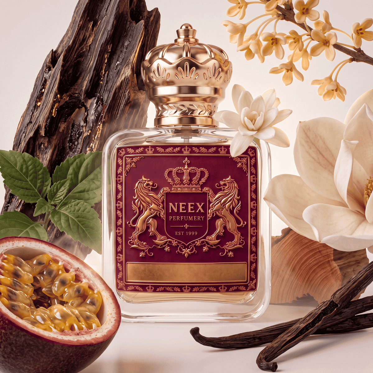 Neex Perfumery fragrance bottle with a maroon crest label, styled in an ingredient flat-lay framed by a halved passion fruit, dark wood logs, green mint leaves, sprigs of osmanthus, a large white magnolia, and whole vanilla beans.