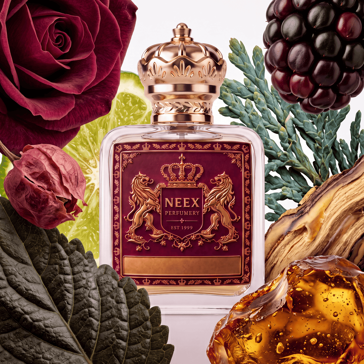 Neex Perfumery perfume bottle topped with an ornate gold crown cap and featuring a deep burgundy-red crest label with gold metallic heraldry, surrounded by a deep crimson rose bloom, a sliced lime wheel, a dried floral bud, a dark patchouli leaf, evergreen cypress sprigs, a plump blackberry, aged agarwood, and glowing golden amber resin.   