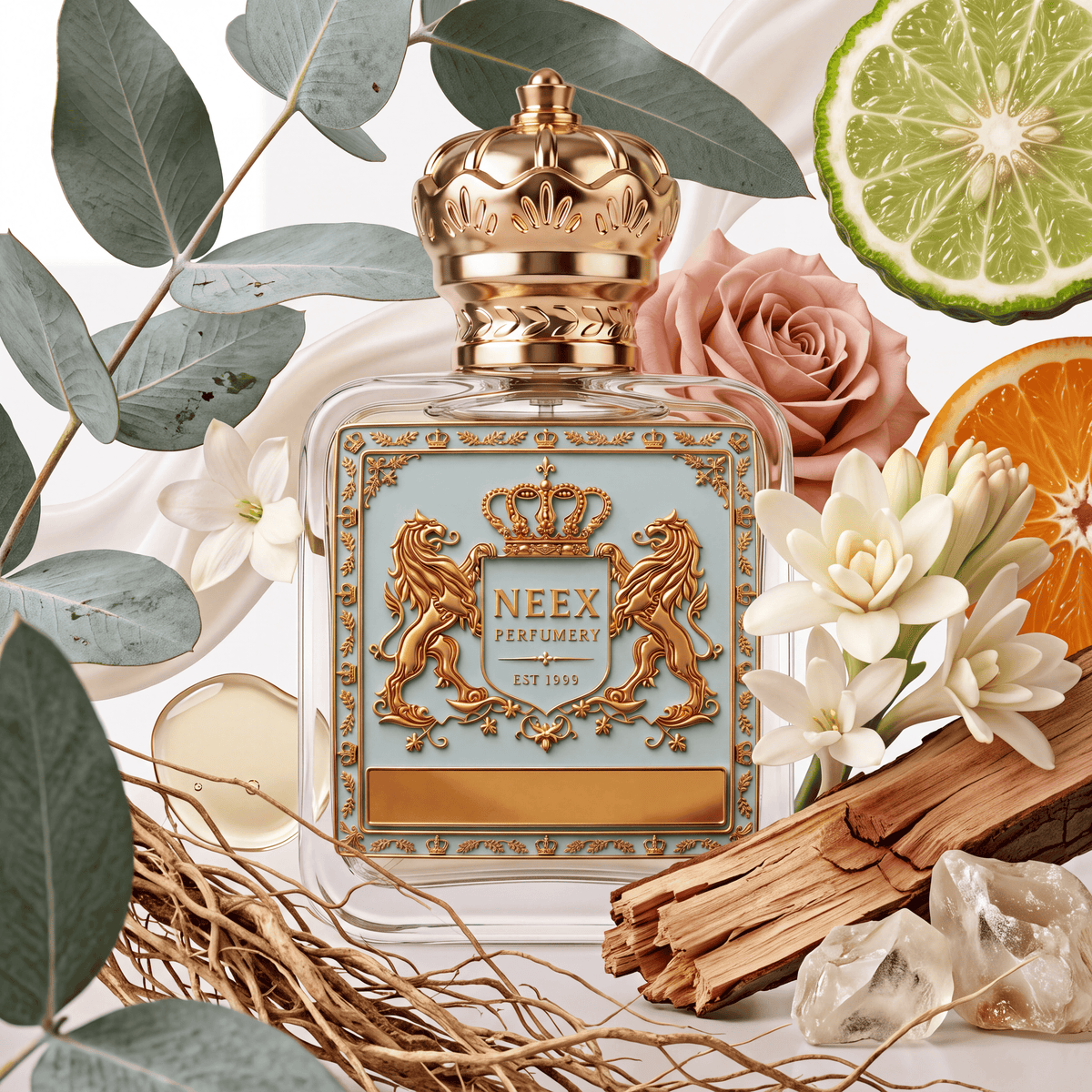 Neex Perfumery fragrance bottle with a light duck-egg blue crest label, styled in an ingredient flat-lay surrounded by silver dollar eucalyptus leaves, white tuberose and orange blossom petals, a soft dusty pink rose, a lime slice, a juicy orange slice, raw amber resin stones, dried vetiver roots, and a piece of natural bark.