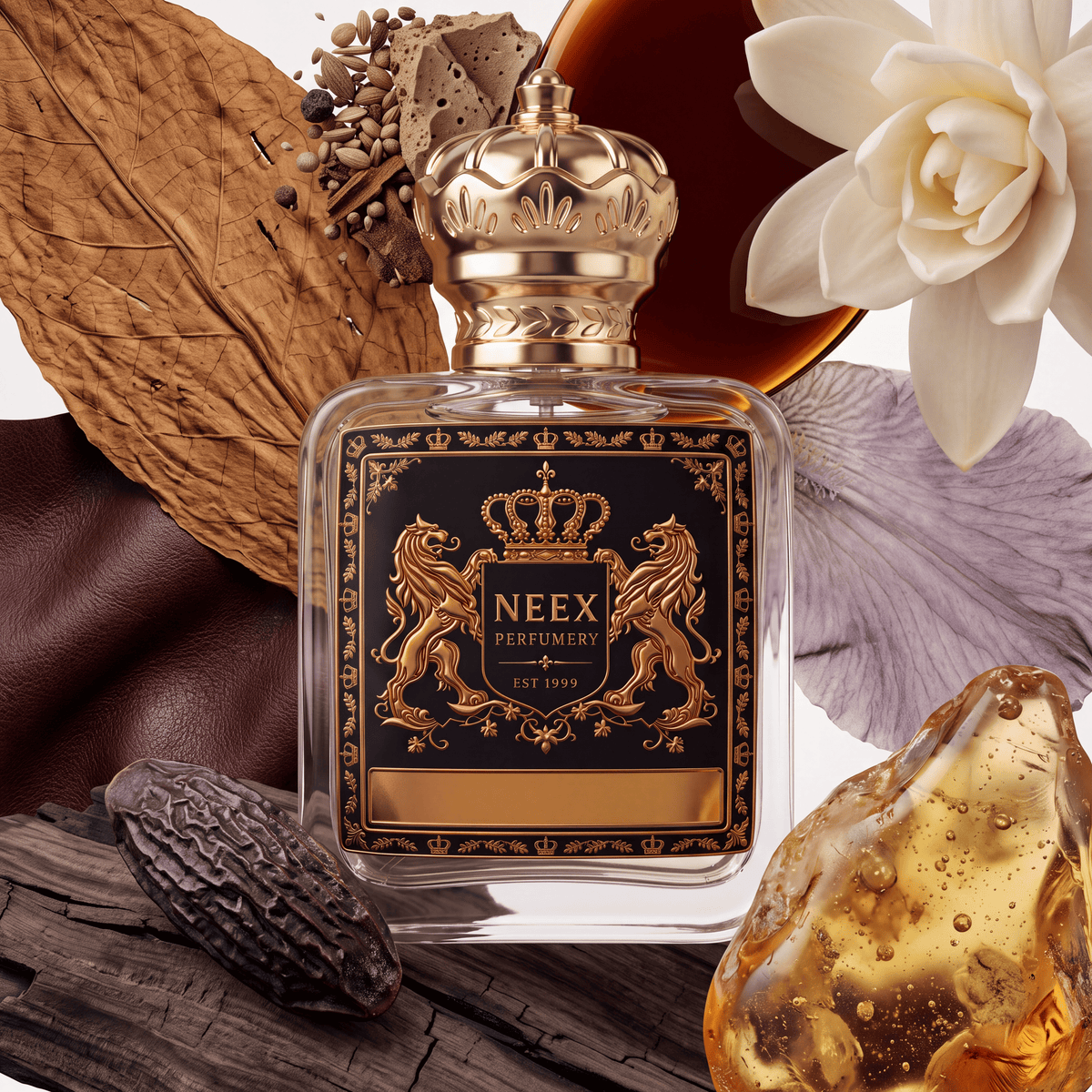 Neex Perfumery perfume bottle featuring an ornate gold crown cap and a dark black crest label with gold metallic heraldry, artfully styled alongside dried tobacco leaves, dark leather, golden amber resin, tonka beans, whole spices, a white tuberose blossom, delicate iris petals, and aged dark wood.