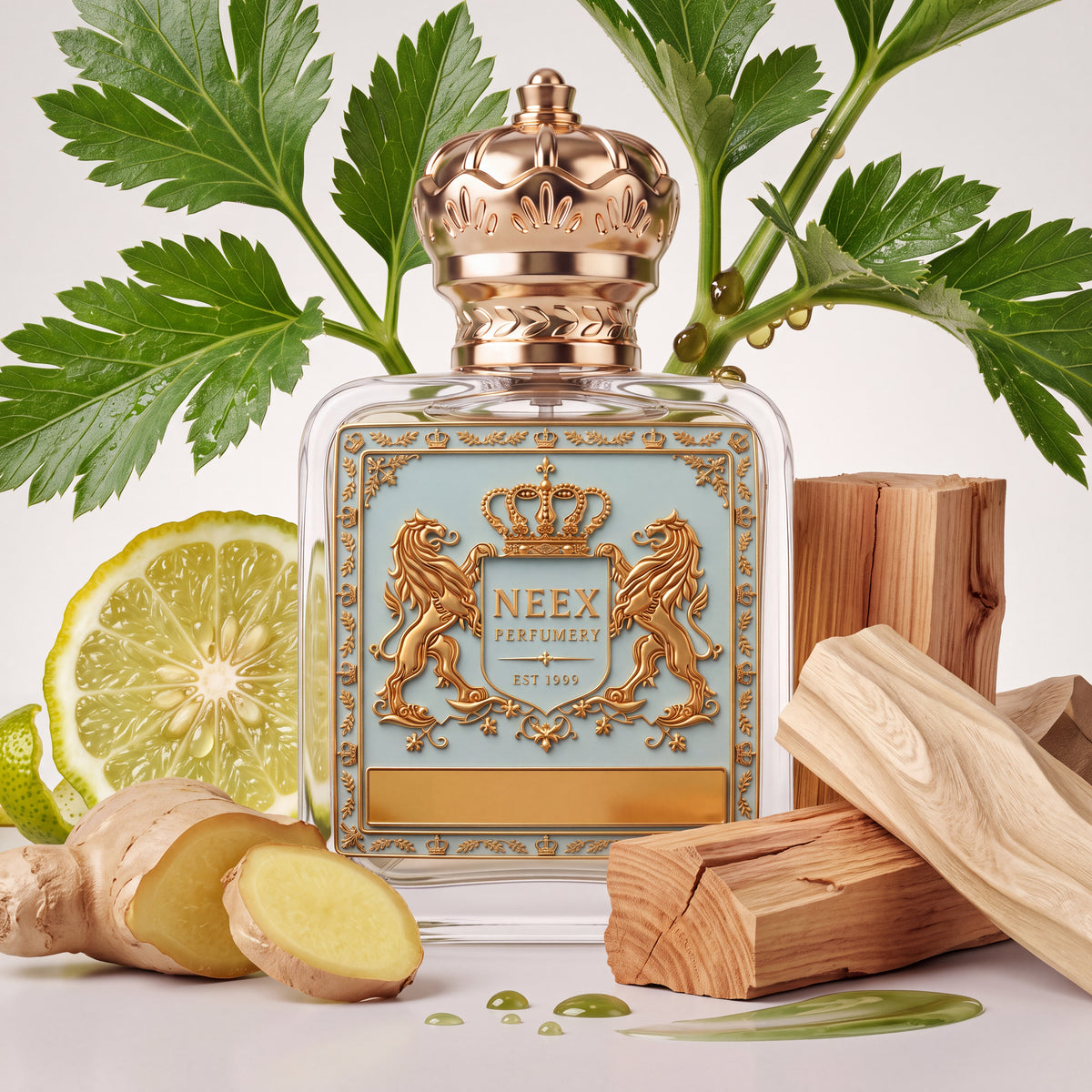 Neex Perfumery fragrance bottle styled in an ingredient flat-lay surrounded by vibrant green leafy stems, fresh ginger root slices, a juicy halved lime, stacked natural wooden logs, and drops of aromatic oil on a white studio surface.