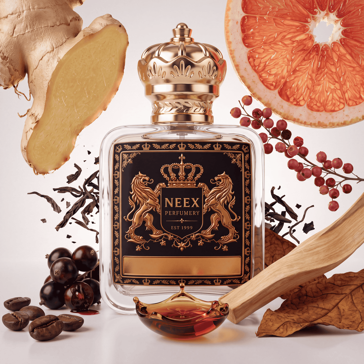 Neex Perfumery fragrance bottle with a black and gold crest label, styled in an ingredient flat-lay framed by a sliced ginger root, a large grapefruit slice, red berries on a branch, loose black tea leaves, roasted coffee beans, dark blackcurrants, a bowl of rich amber liquid, smooth wood pieces, and dry tobacco leaves.