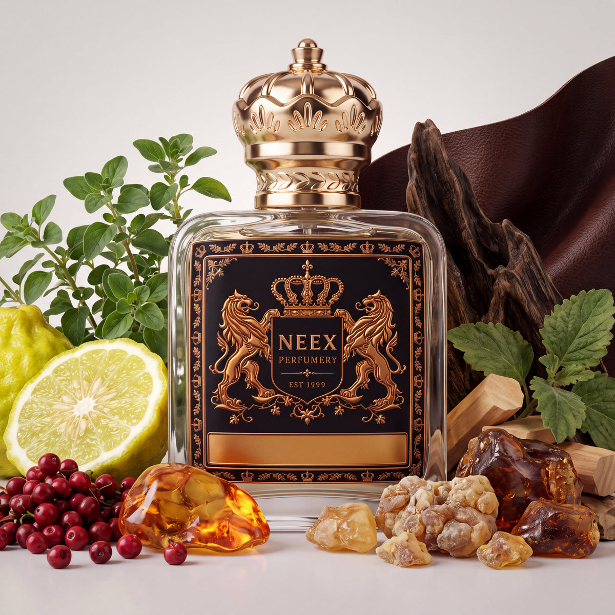 Neex Mirage fragrance bottle surrounded by raw fragrance notes including sliced bergamot, fresh oregano leaves, red pimento berries, golden amber resin, frankincense nuggets, dark leather, and smoked woods.