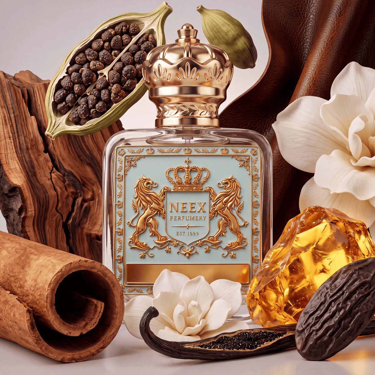 Neex Perfumery fragrance bottle with a light duck-egg blue crest label, surrounded by open cardamom pods revealing black seeds, cinnamon bark, white jasmine flowers, split vanilla beans, glowing amber resin, a tonka bean, draped dark leather, and weathered wood.   