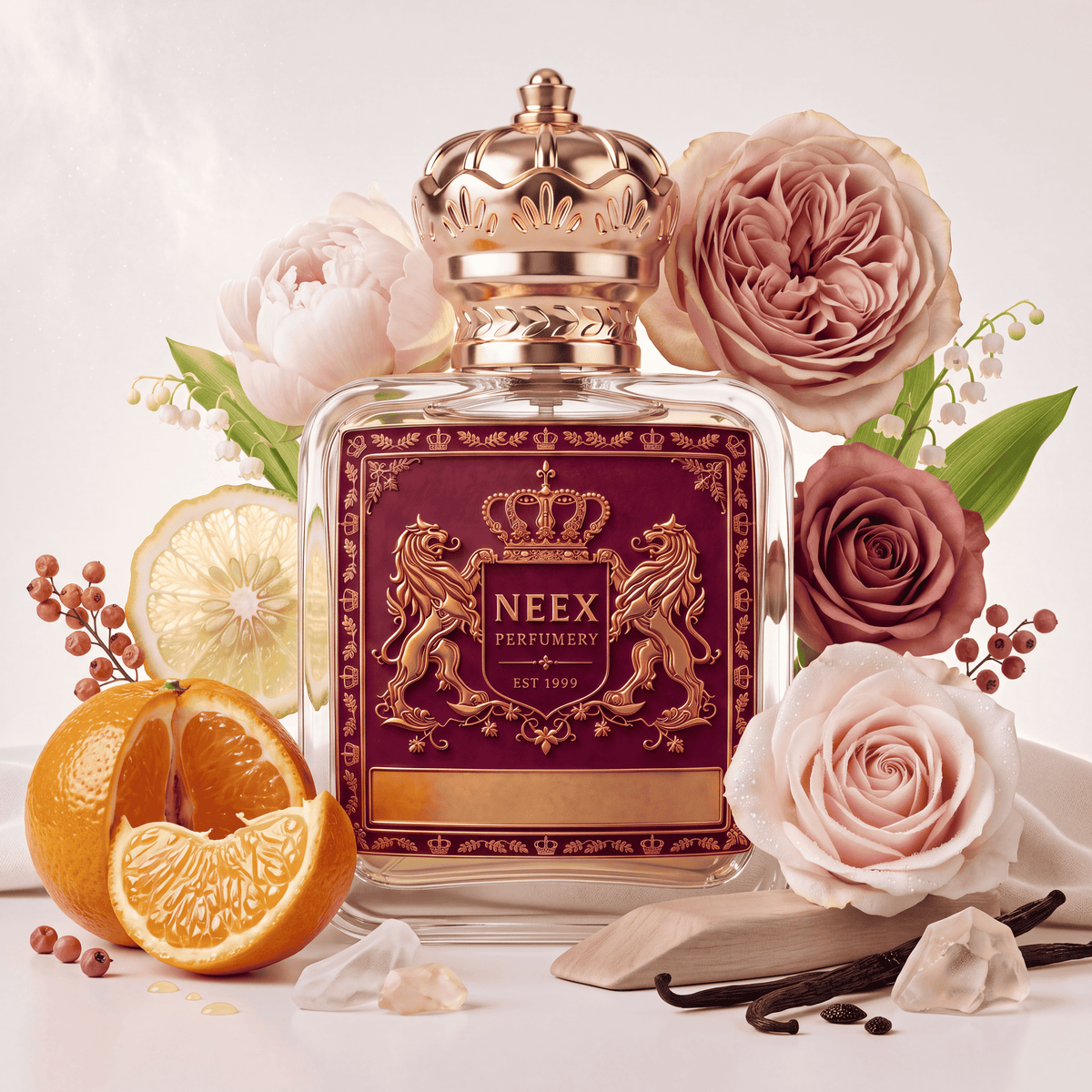 A luxury perfume bottle with a crown cap and deep burgundy label reading 'NEEX PERFUMERY EST 1995', styled with pink roses, orange slices, vanilla beans, and tea bags on a clean white background.
