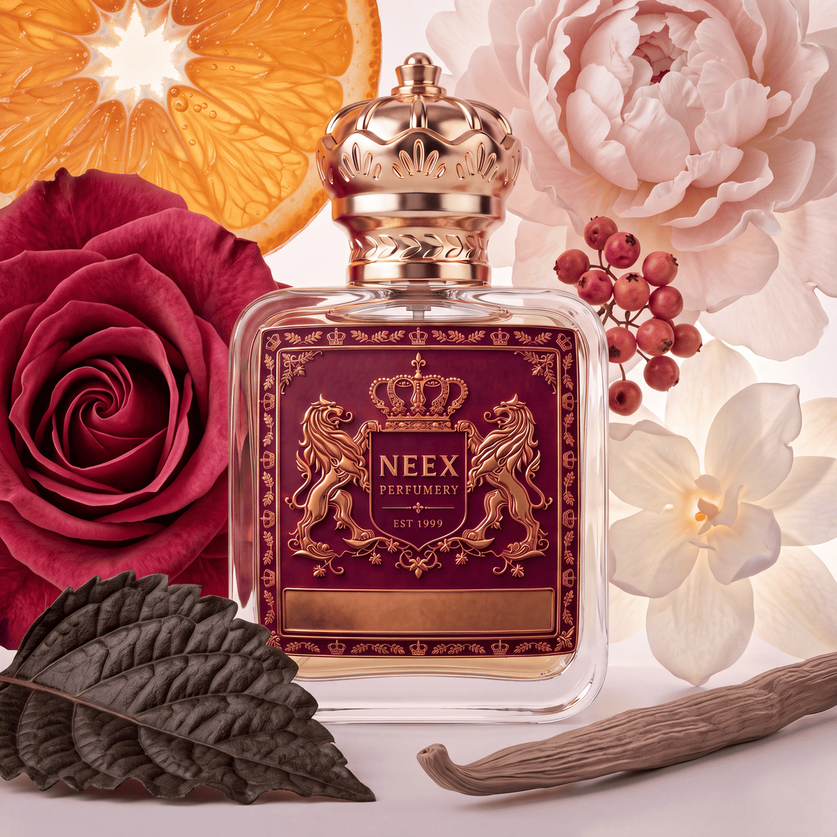 Neex Perfumery perfume bottle featuring an ornate gold crown cap and a rich deep magenta crest label with gold metallic detailing, surrounded by romantic raw ingredients including a lush crimson rose, a slice of ripe blood orange, soft pink peony petals, delicate white jasmine, pink peppercorns, a dark leaf, and a dried vanilla pod.