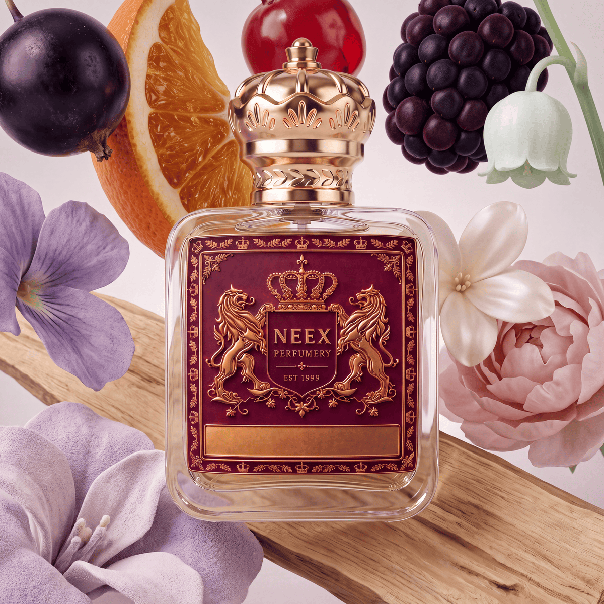 Neex Perfumery perfume bottle topped with a gold crown cap and featuring a deep burgundy-red crest label with gold heraldry, resting on a natural wooden plank and framed by dark plums, juicy orange slices, red cherries, ripe blackberries, delicate lily-of-the-valley, soft pink peonies, and light purple floral petals.   