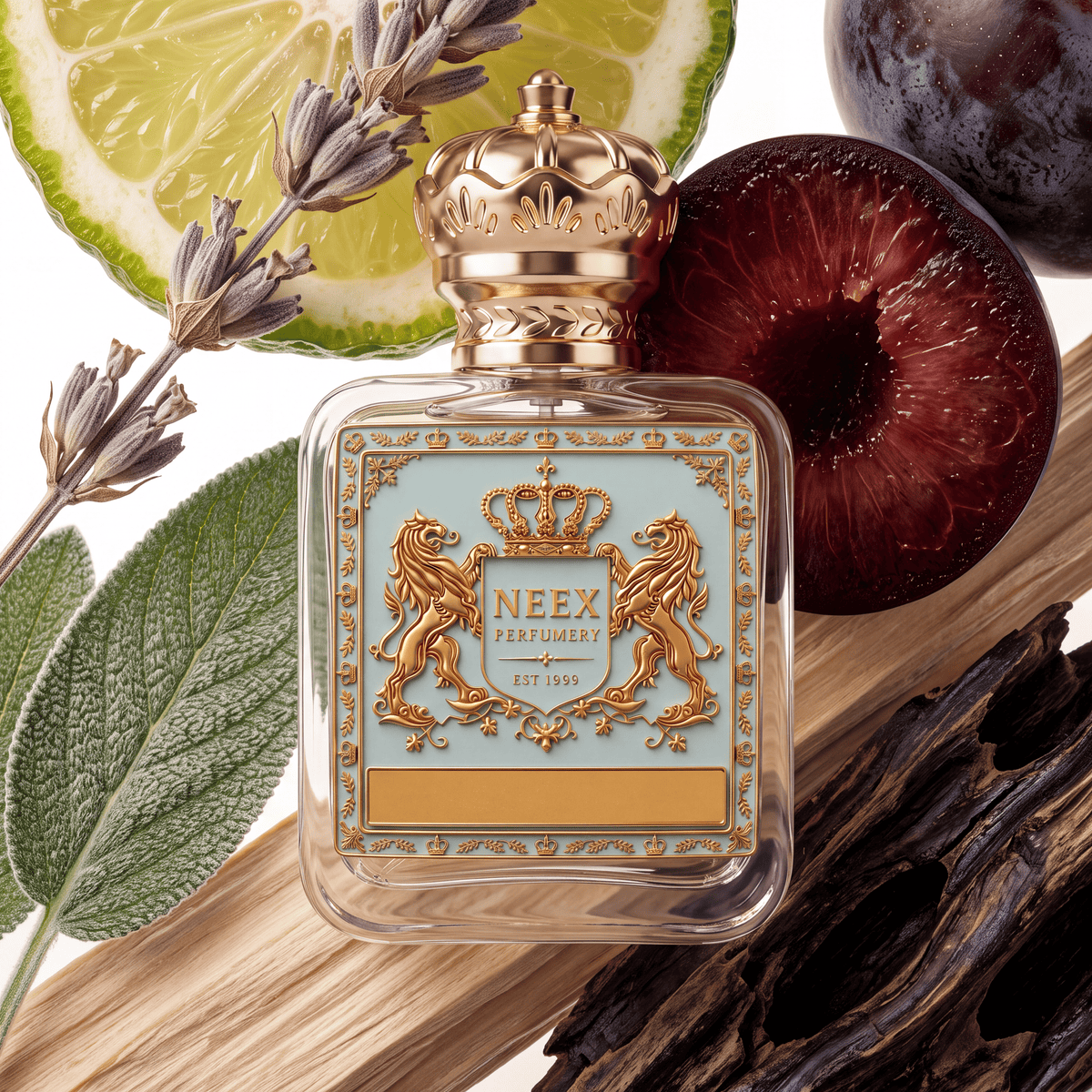 Neex Perfumery perfume bottle featuring an ornate gold crown cap and a light pastel blue crest label with gold metallic heraldry, compositionally styled alongside a fresh bergamot slice, a sprig of dried lavender, a green sage leaf, a whole dark plum, a sliced plum half showing its rich interior, light wood planks, and rugged dark aged wood.
