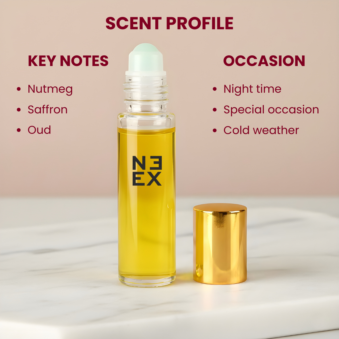 Luxury woody oud fragrance with saffron, leather, and natural oud – rich & regal.