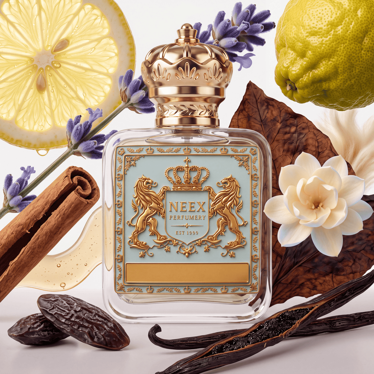 Neex Perfumery fragrance bottle with a light duck-egg blue crest label, styled in an ingredient flat-lay with lemon slices, bergamot, sprigs of lavender, cinnamon sticks, dried tobacco leaf, white blossom, tonka beans, split vanilla pods, and honey droplets.