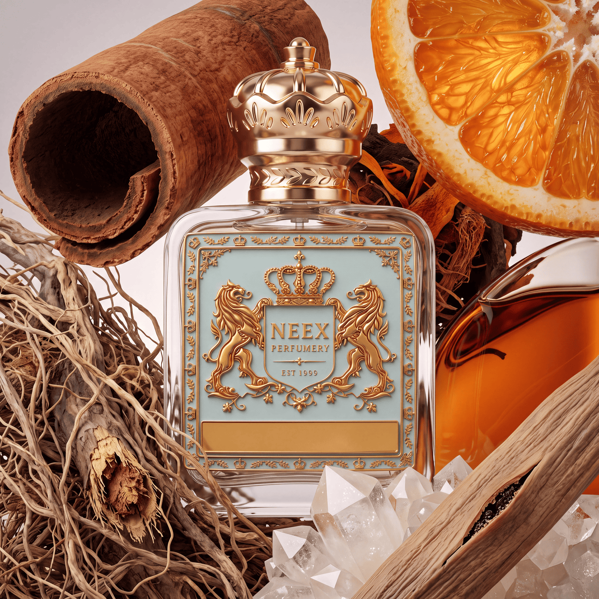 Neex Perfumery perfume bottle featuring an ornate gold crown cap and a light pastel blue crest label with gold metallic detailing, surrounded by accord elements including a large rolled cinnamon bark stick, a fresh slice of orange, a bundle of natural roots, raw weathered wood timber, white quartz crystals, and a sleek glass vessel containing a warm amber liquid.   