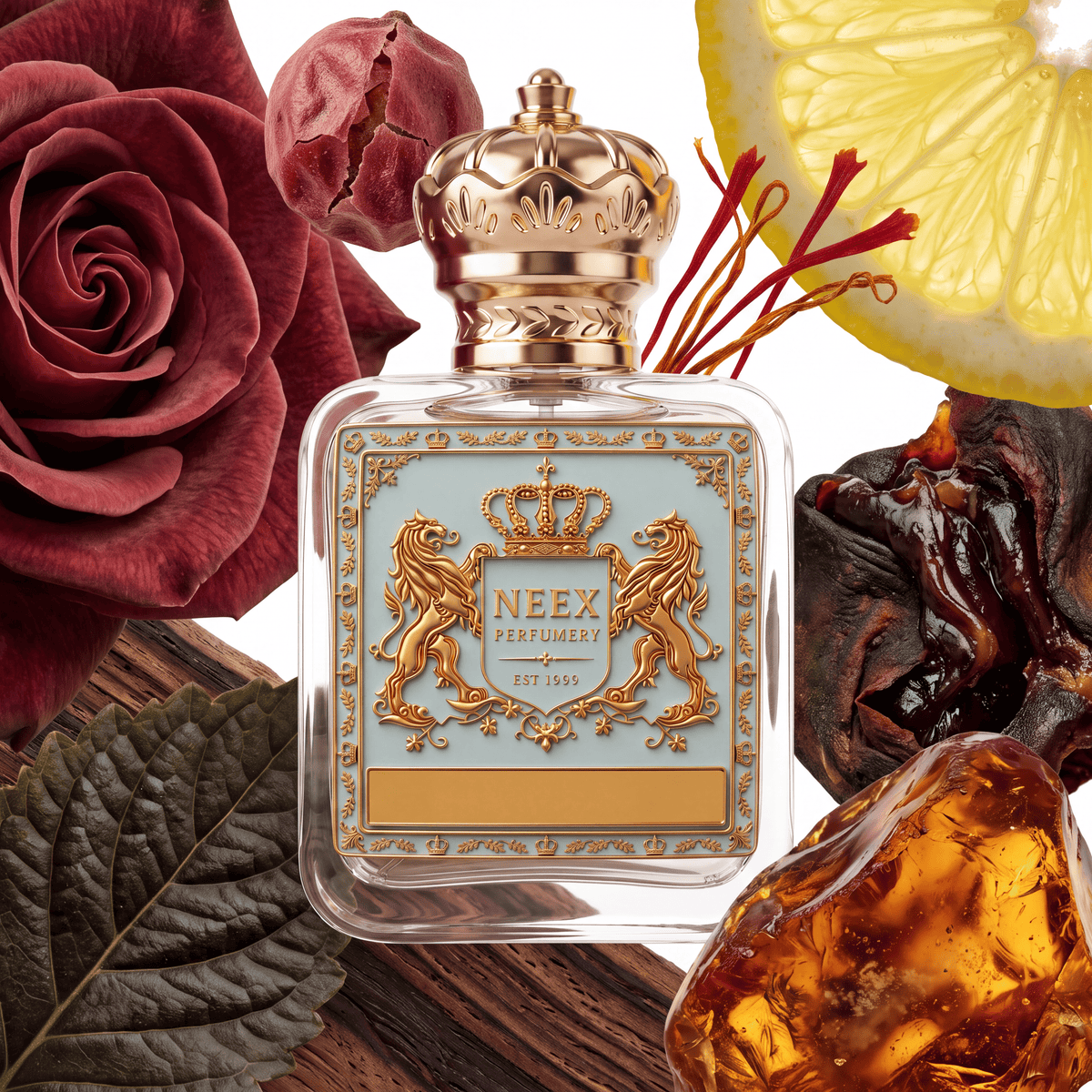 Neex Perfumery perfume bottle featuring an ornate gold crown cap and a light pastel blue crest label with gold metallic heraldry, compositionally styled alongside a deep red rose bloom, a whole nutmeg, red saffron threads, a lemon slice, rich dark leaf, aged wood, a dried fig fruit, and a large glowing chunk of amber resin.   
