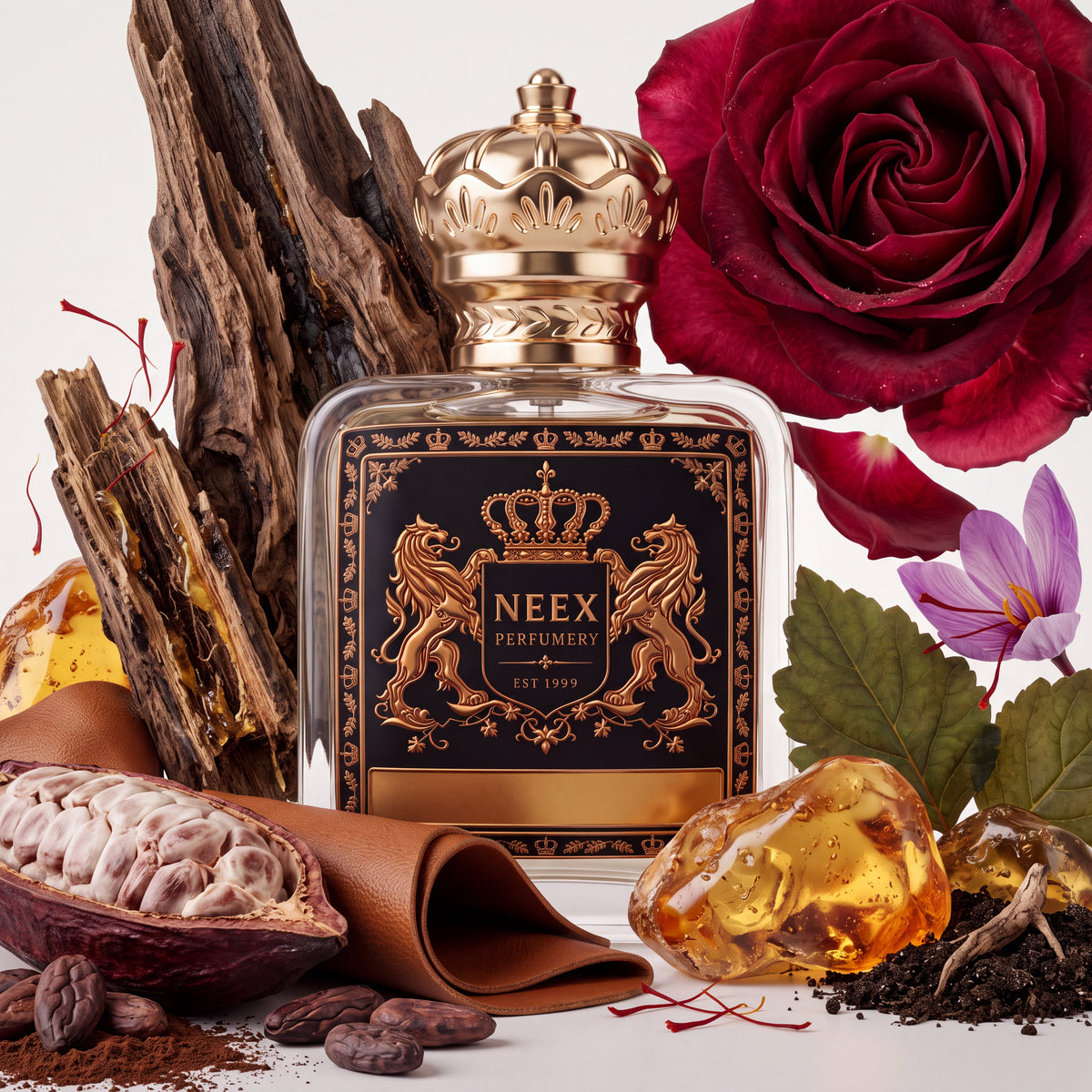 Neex Perfumery fragrance bottle with a black and gold crest label, styled in an ingredient flat-lay surrounded by a deep red rose bloom, a purple crocus flower with red saffron threads, rich amber resin chunks, dark agarwood pieces, cocoa pods with raw cocoa beans, rolled leather, and dark soil.