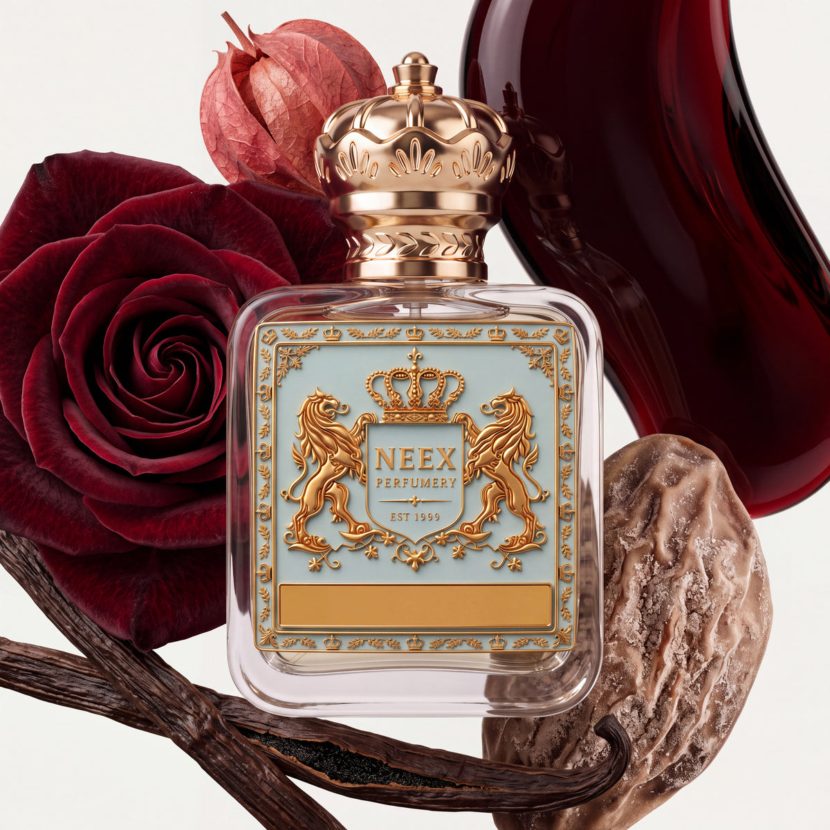 Neex Perfumery perfume bottle featuring an ornate gold crown cap and a light pastel blue crest label with gold metallic heraldry, compositionally styled alongside a velvet deep red rose, a dried physalis husk, smooth vanilla bean pods, a whole nutmeg, and a dark red glass art sculpture.   