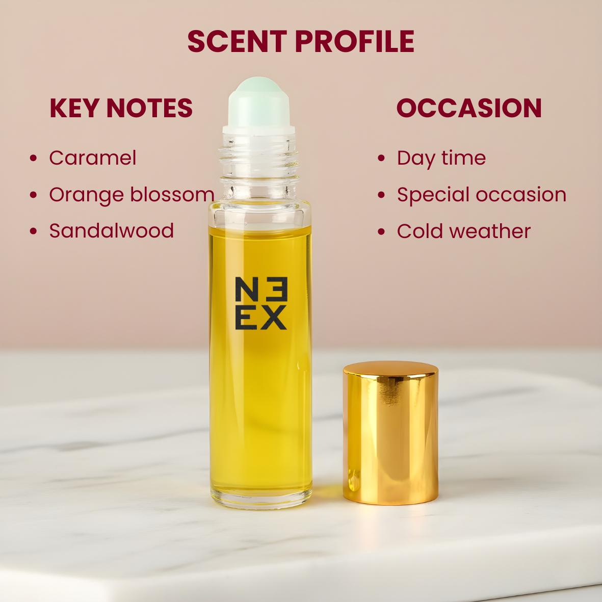 Concentrated floral fruity gourmand perfume oil with notes of caramel, orange blossom, and jasmine – sweet & indulgent.