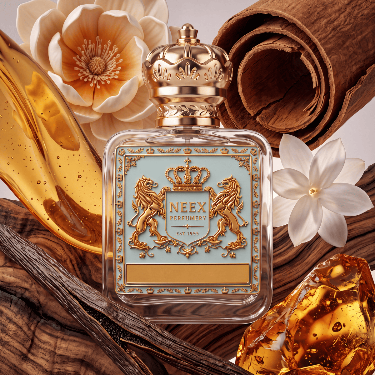 Neex Perfumery perfume bottle featuring an ornate gold crown cap and a light pastel blue crest label with gold metallic heraldry, compositionally styled alongside rolled cinnamon bark, creamy white floral blossoms, a stream of golden honey, dark aged wood, and a crystalline amber resin stone.   
