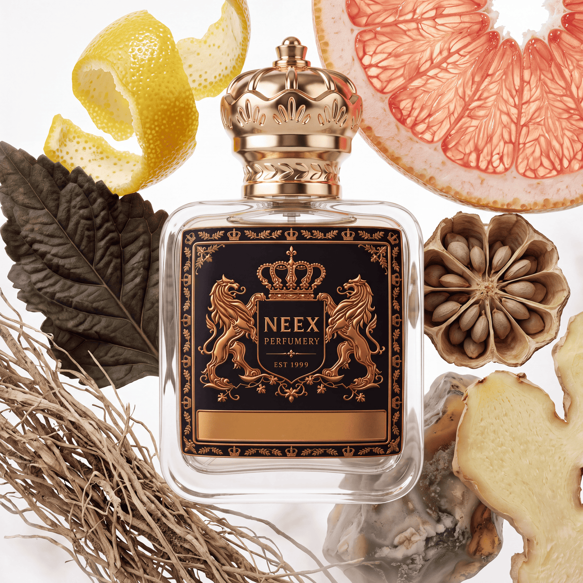 Neex Perfumery perfume bottle featuring an ornate gold crown cap and a black crest label with gold metallic heraldry, displayed alongside a halved pink grapefruit, curled lemon zest, dark textured leaves, dried seed pods, raw ginger root, and dried aromatic vetiver fibers.