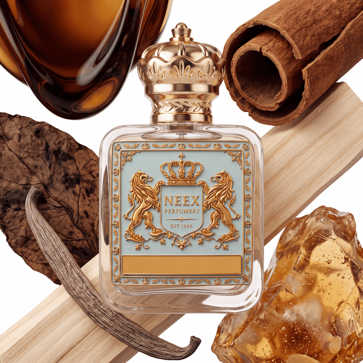 Neex Perfumery perfume bottle featuring an ornate gold crown cap and a light pastel blue crest label with gold metallic heraldry, compositionally styled alongside a large rolled cinnamon stick, a dried dark brown tobacco leaf, a whole vanilla bean pod, light wood planks, a smooth amber glass vessel, and a large chunk of glowing golden amber resin.