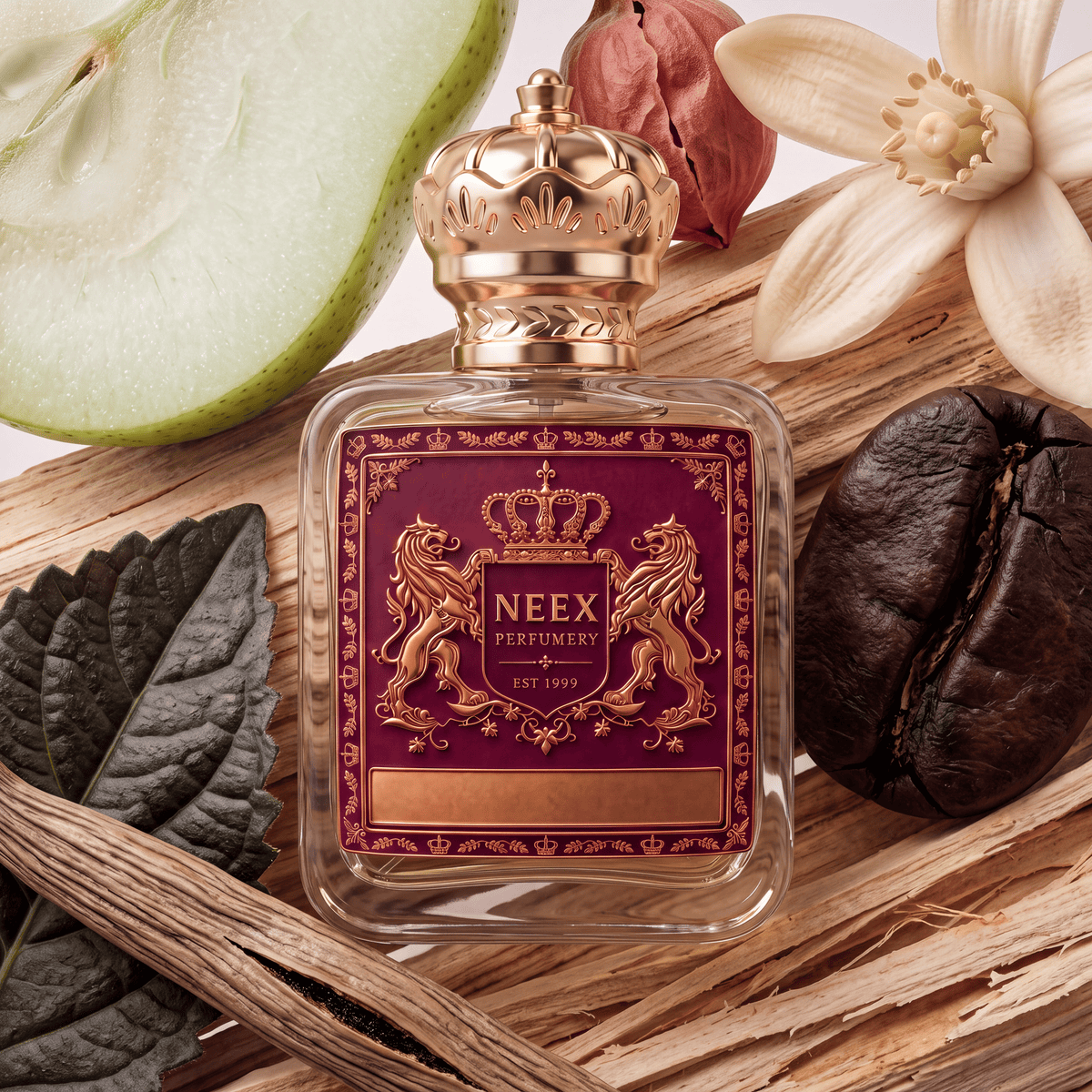 Neex Perfumery perfume bottle topped with an ornate gold crown cap and featuring a deep burgundy-red crest label with gold metallic heraldry, resting on splinters of raw wood, surrounded by a sliced green pear, a dark roasted coffee bean, a white orange blossom, a dark patchouli leaf, a dried floral bud, and split vanilla pods.