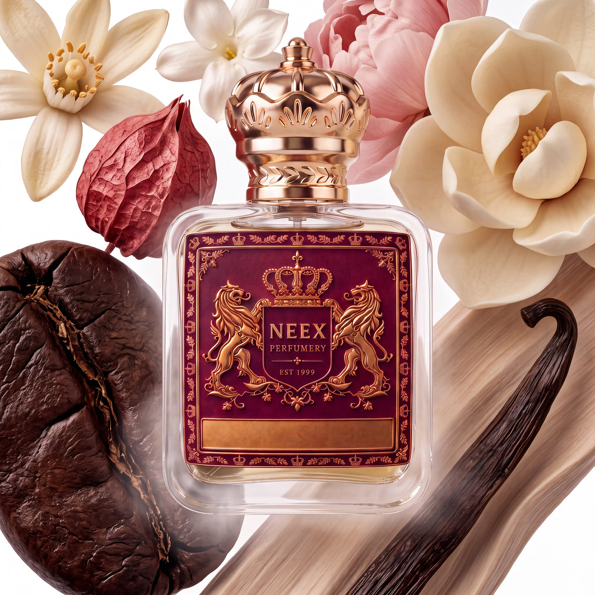 Neex Perfumery perfume bottle topped with an ornate gold crown cap and featuring a deep burgundy-red crest label with gold metallic heraldry, surrounded by white orange blossoms, a small dried botanical pod, soft pink peonies, creamy white magnolia flowers, a dark roasted coffee bean, and a curved vanilla pod resting on pale wood.   