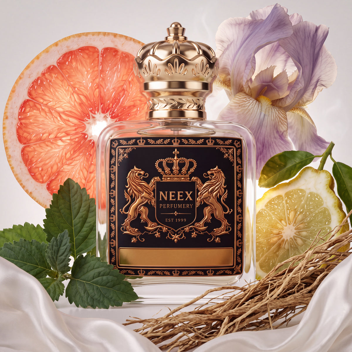 Neex Perfumery fragrance bottle styled in an ingredient flat-lay featuring a large slice of pink grapefruit, a light purple iris blossom, fresh green mint leaves, a halved bergamot citrus, and dried vetiver roots on draped white silk fabric.