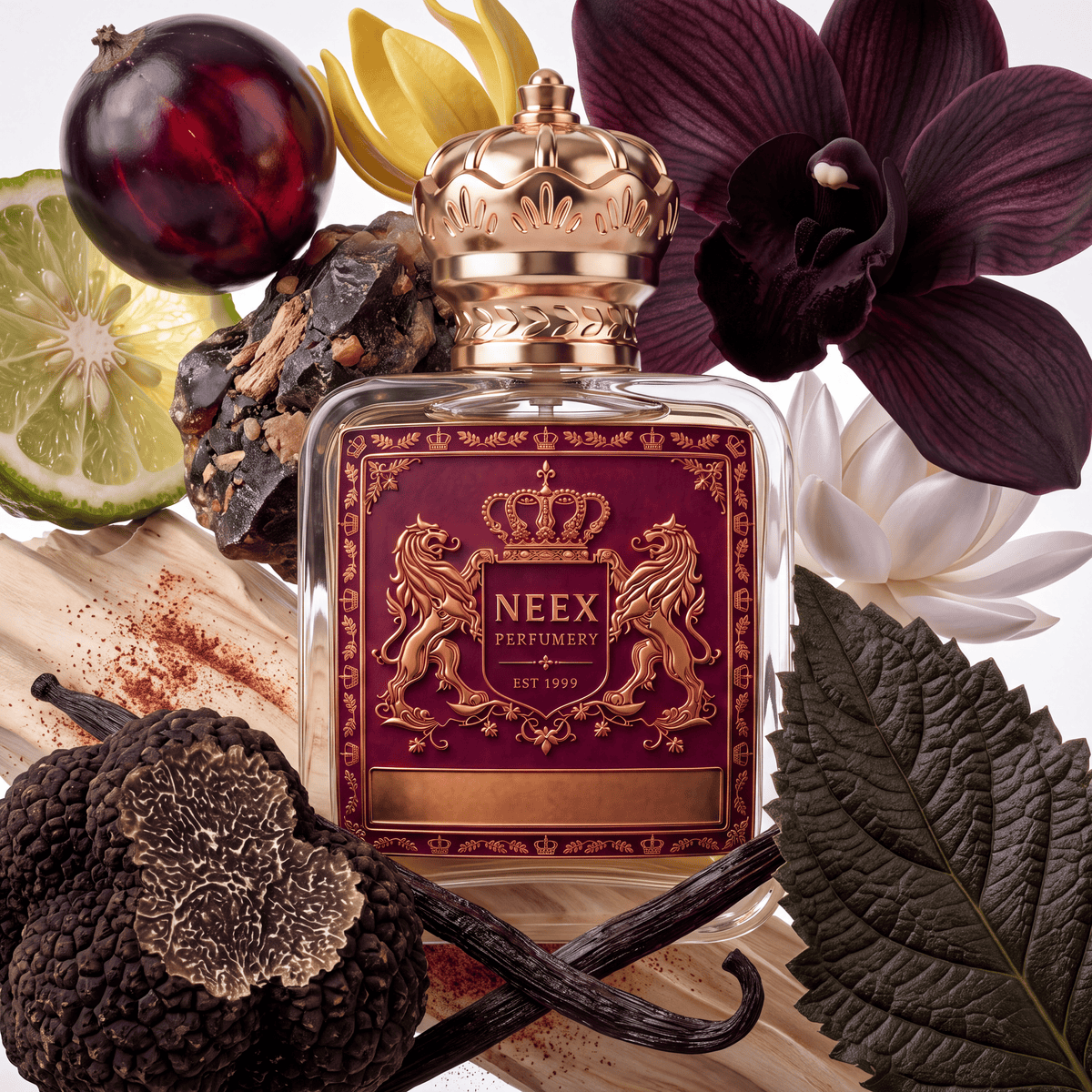 Neex Perfumery luxury perfume bottle featuring a gold crown cap and deep burgundy crest label, styled with sliced citrus, dark berries, raw dark truffles, rich vanilla bean pods, exotic orchids, and textured botanical leaves.   