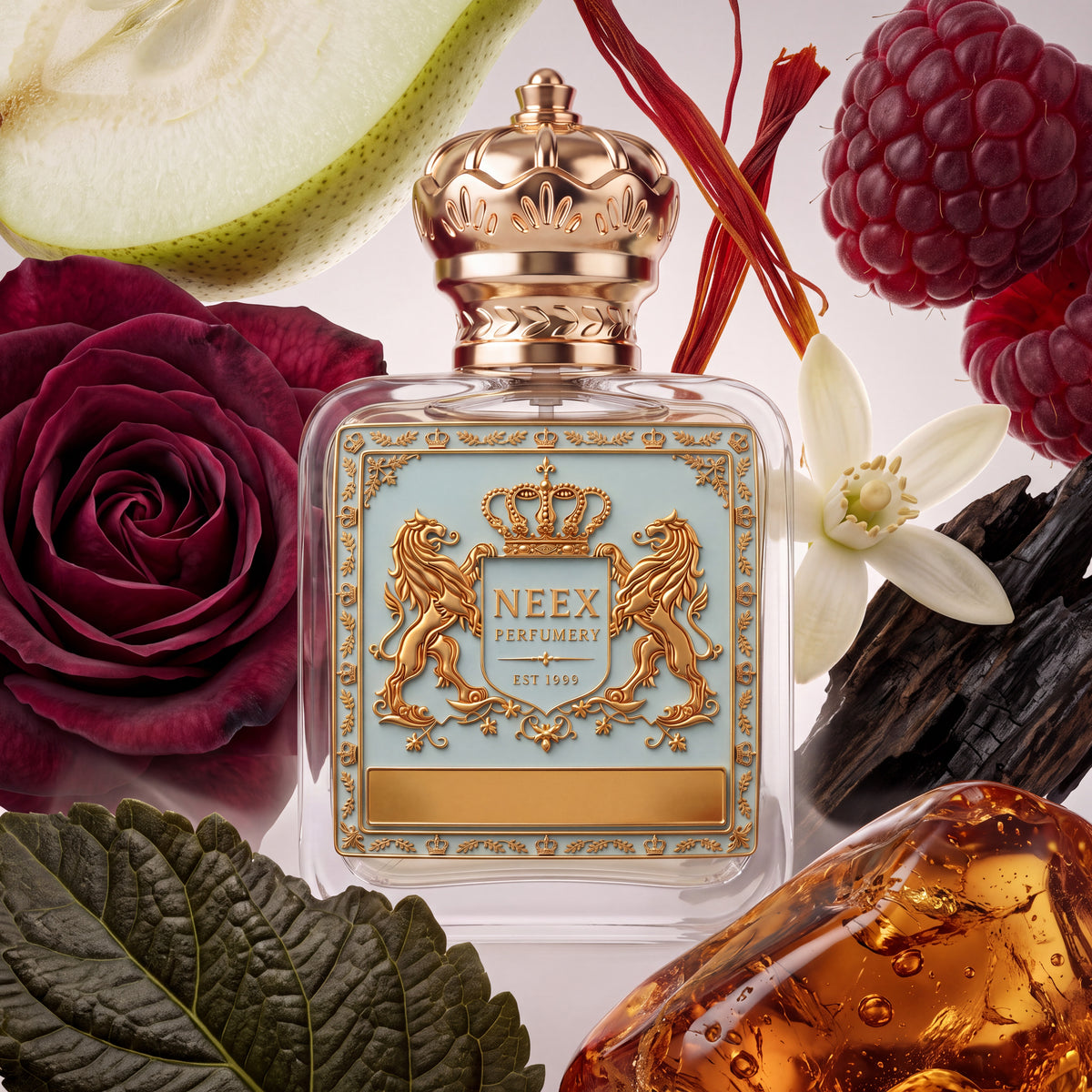 Neex Perfumery perfume bottle topped with a gold crown cap and featuring a light pastel blue crest label with gold heraldry, surrounded by a sliced green pear, crimson rose, saffron strands, fresh raspberries, white orange blossom, charred wood, patchouli leaf, and translucent golden amber.