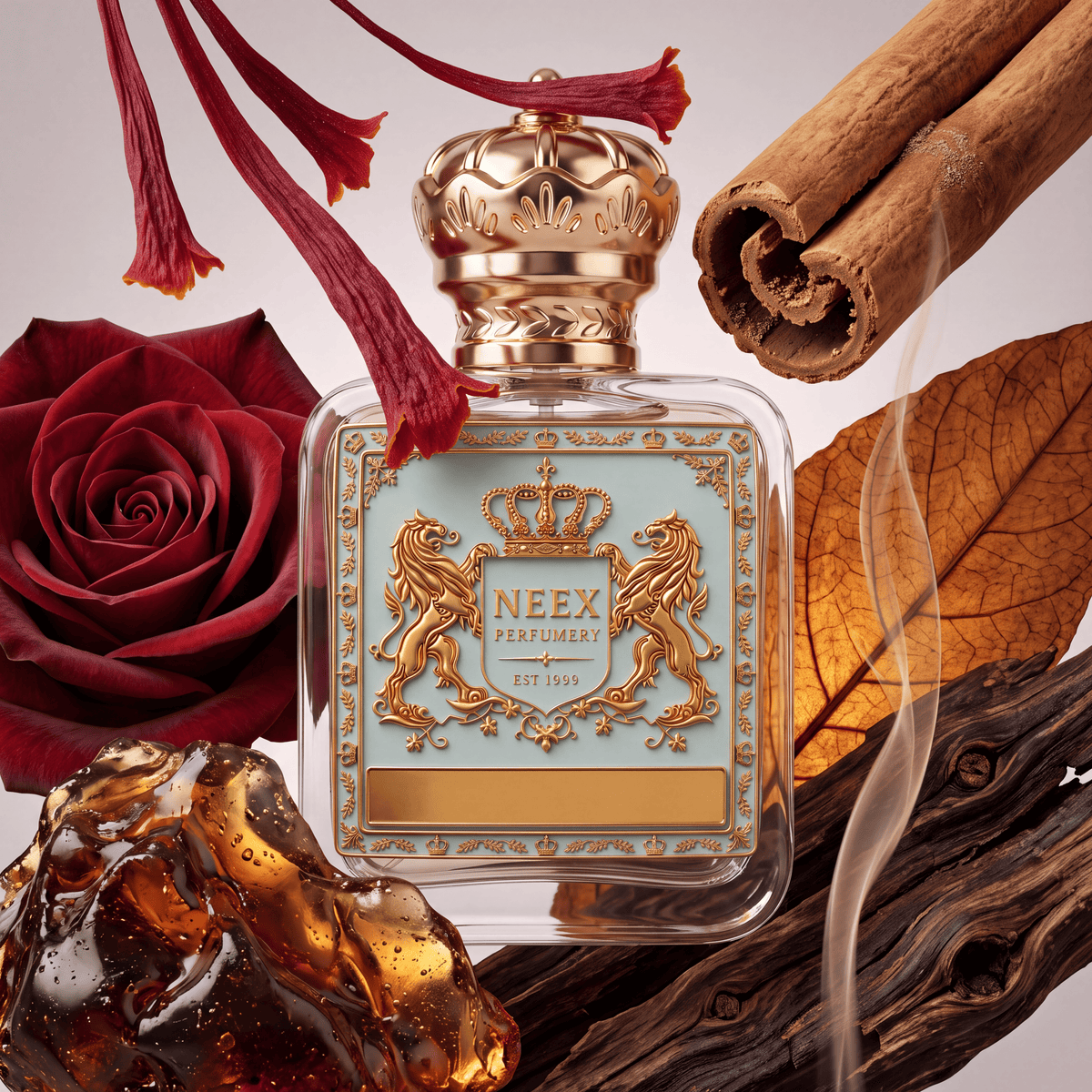 Neex Perfumery perfume bottle featuring an ornate gold crown cap and a light pastel blue crest label with gold metallic detailing, surrounded by a deep red rose, delicate crimson saffron threads, rolled cinnamon sticks, a dried golden tobacco leaf, dark rich agarwood (oud), rich amber resin, and a slender trail of incense smoke.
