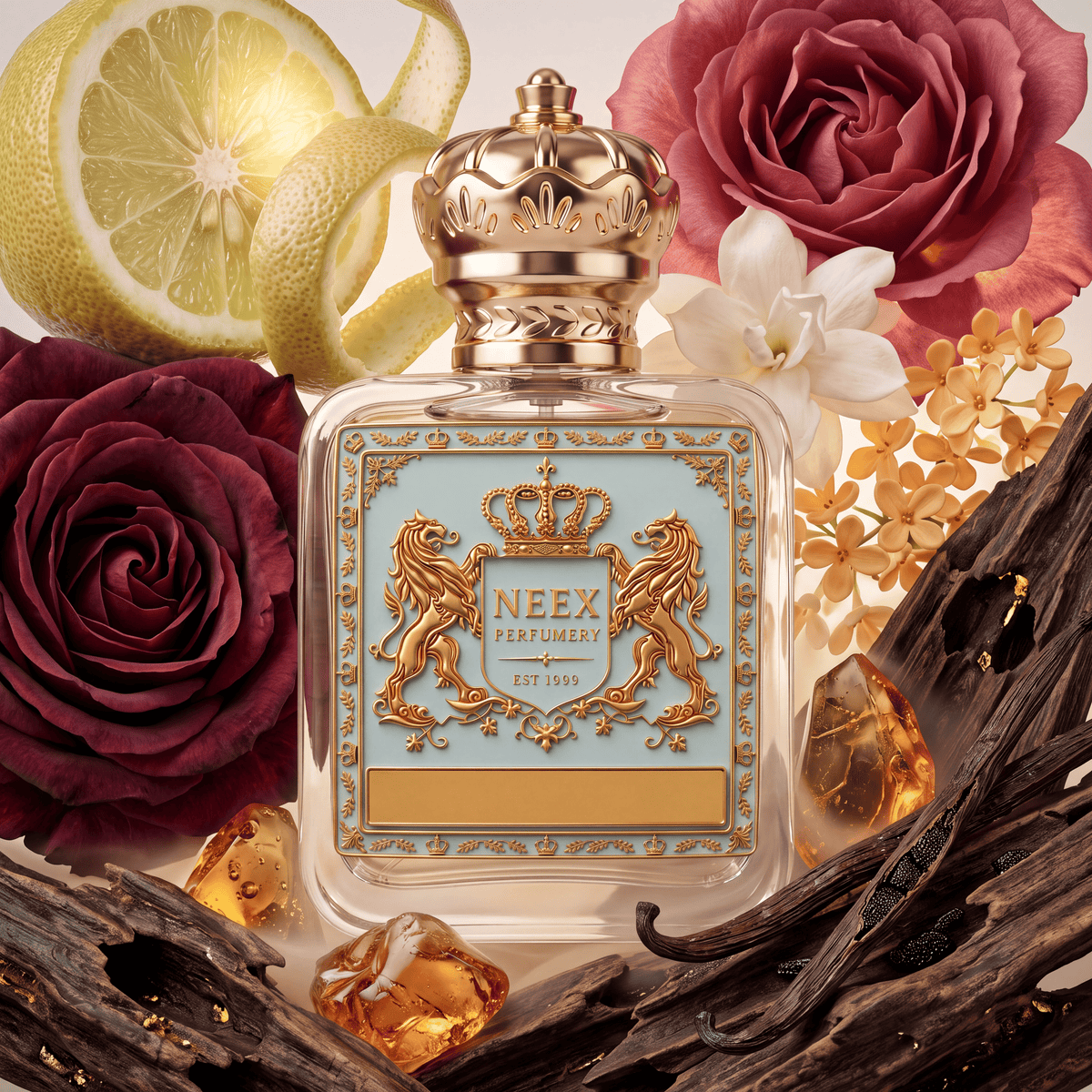 Neex Perfumery fragrance bottle with a light duck-egg blue crest label, styled in an ingredient flat-lay featuring sliced lemon with peel, deep pink and burgundy roses, white floral blossoms, amber resin crystals, vanilla pods, and dark agarwood (oud) logs.