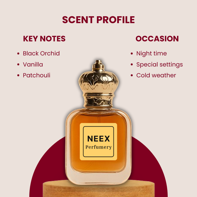 Luxury fragrance with black orchid, patchouli, and vanilla – dark and intoxicating