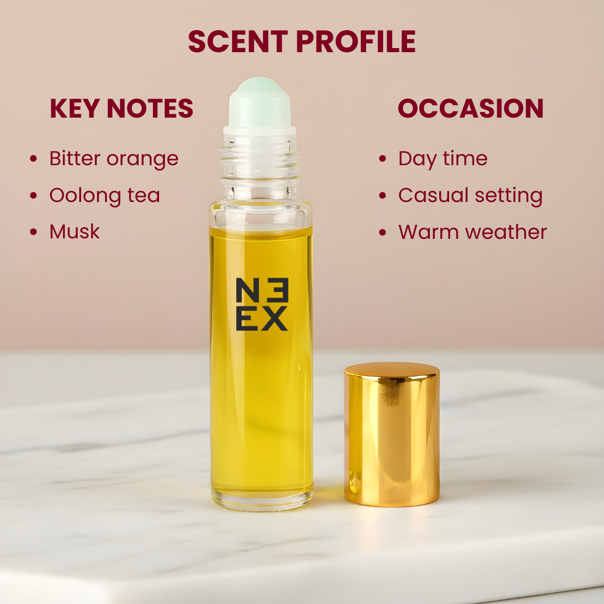 Concentrated aromatic woody perfume oil with notes of fresh bitter orange, earthy tea, and a clean skin musk – intimate & serene.